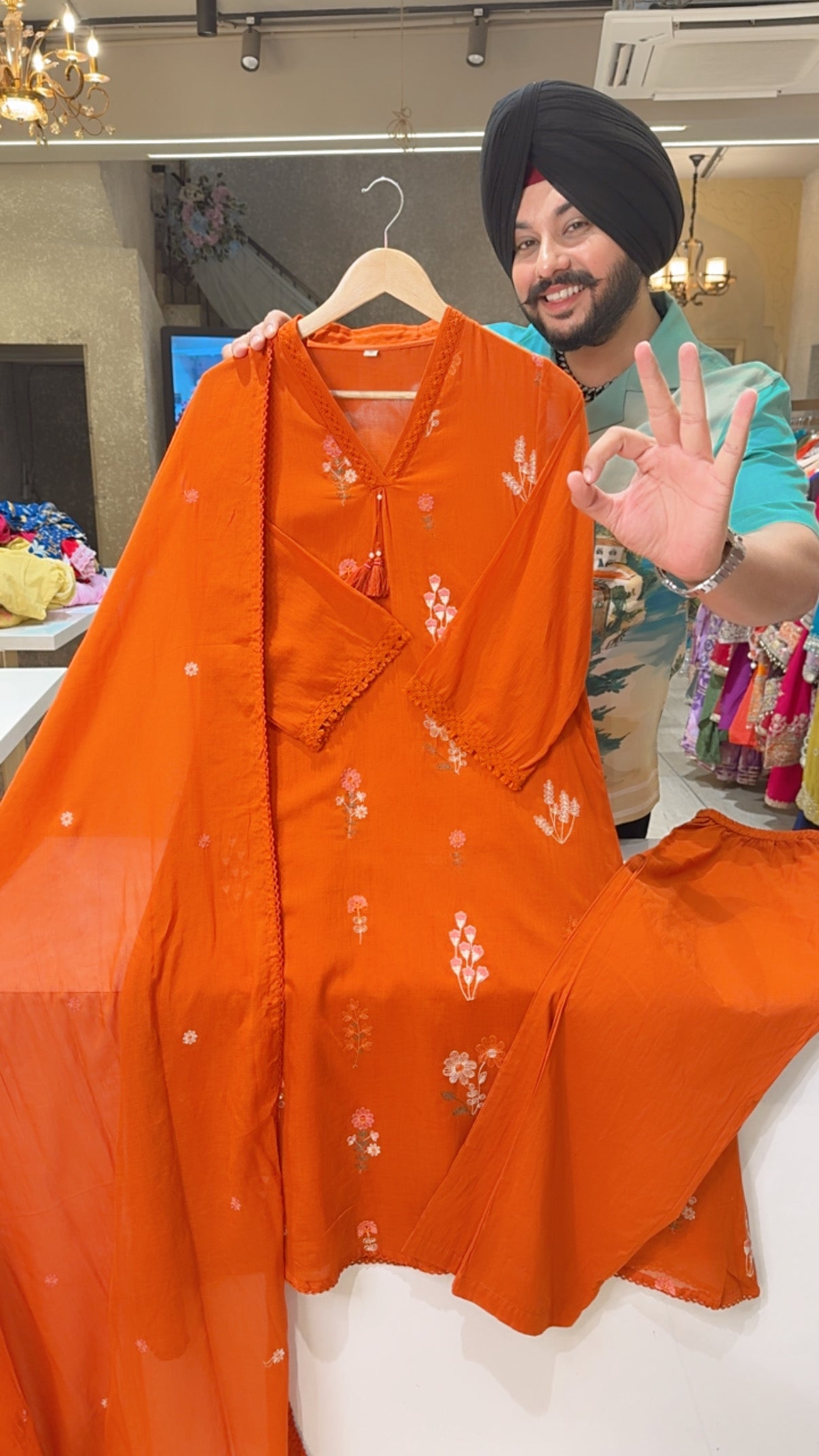 Rusty Orange Mal Cotton Floral Embroidered A-line Suit