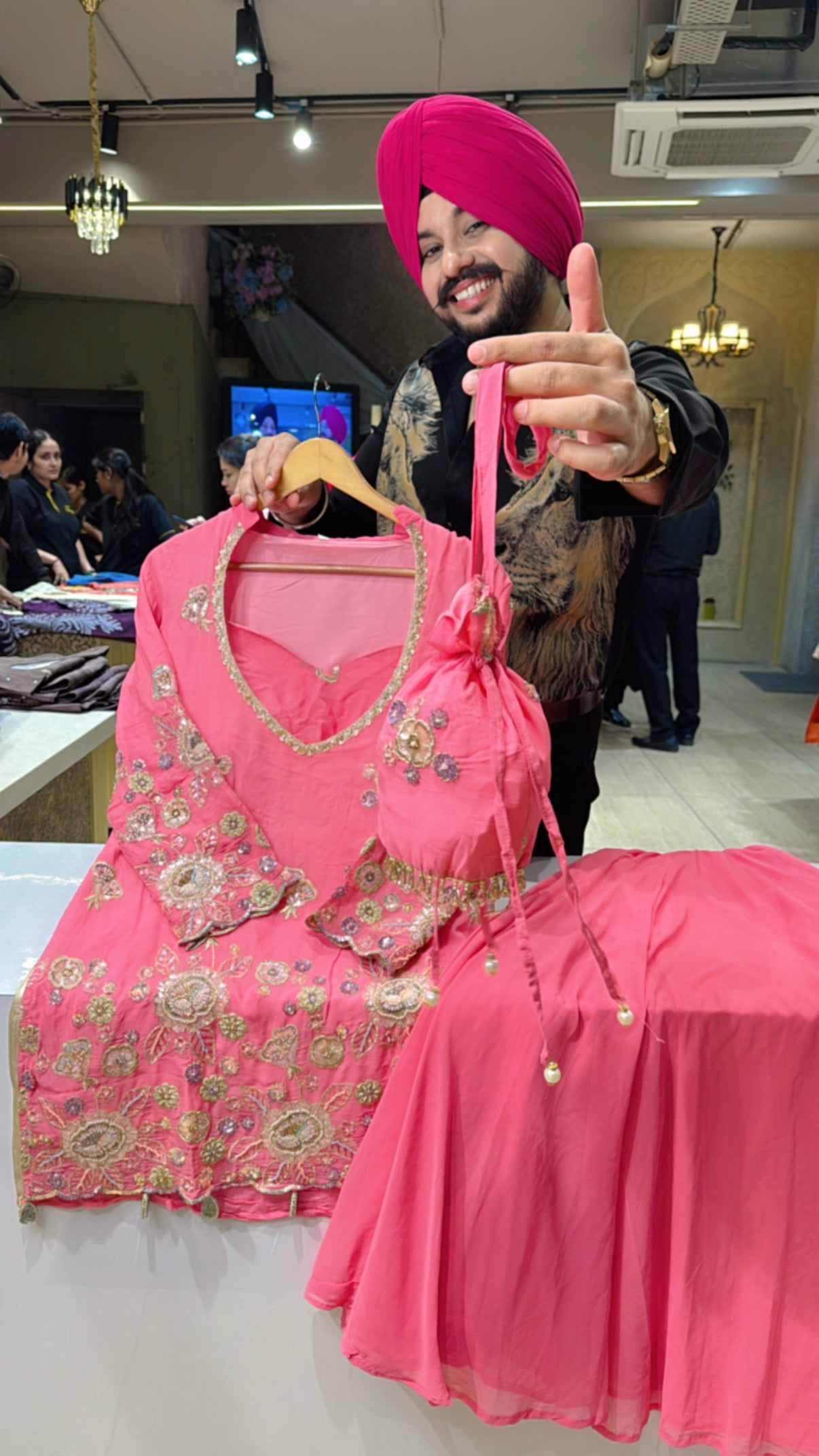 Pink Georgette Heavy Hand Embroidered Azaaro Set with Embroidered Bustier & Potli