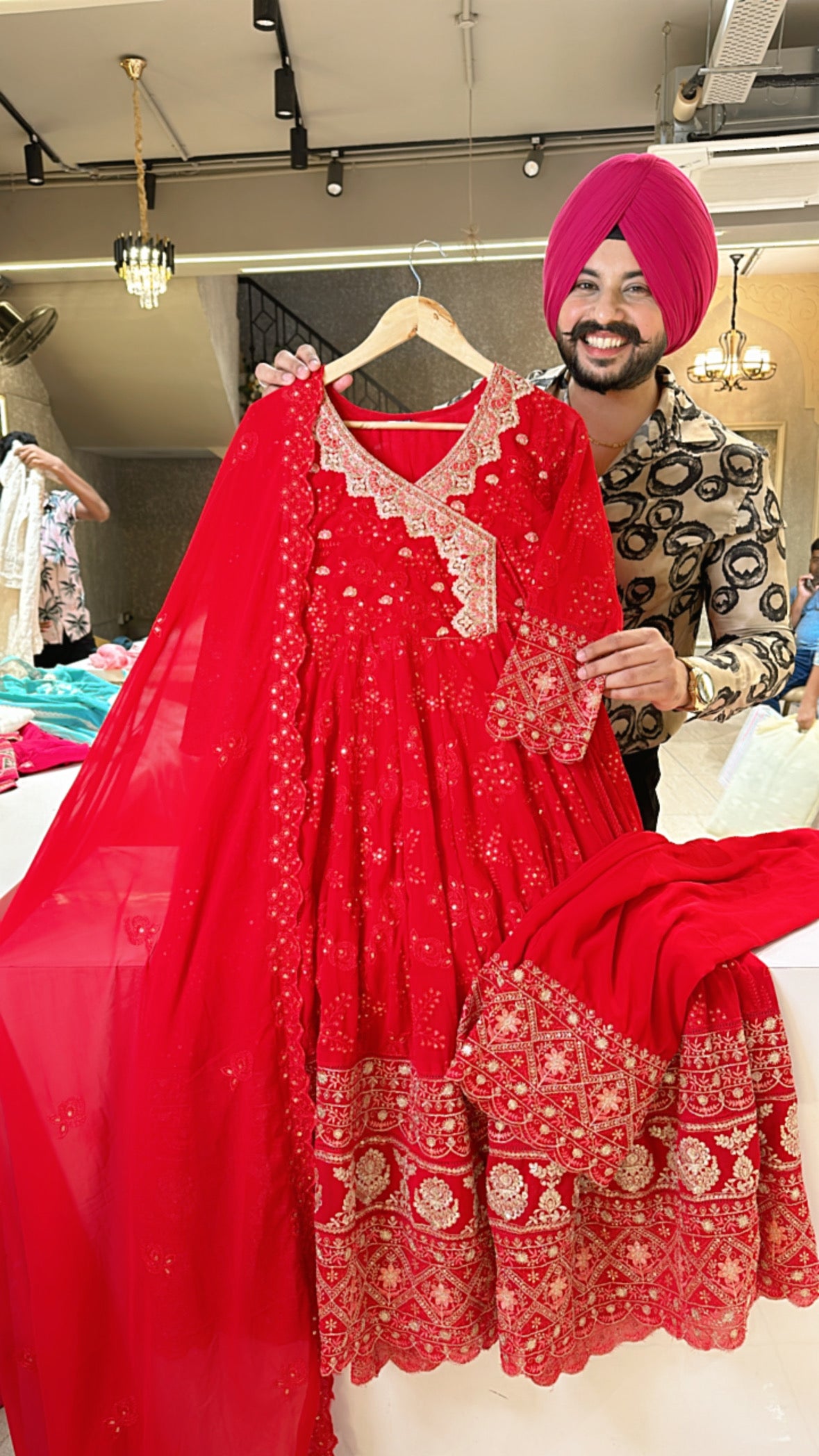 Vibrant Red Georgette Angrakha Fully Embroidered Anarkali Suit with with Heavy Embroiderywork on neck , border & pants