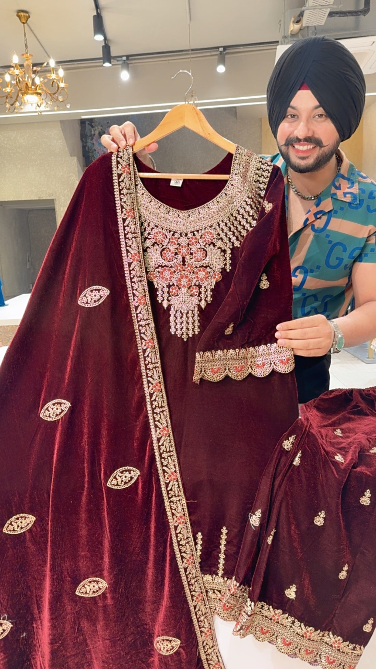 Maroon Heavy Velvet Front & Back embroidered Party wear Kashmiri Suit with Beautiful Duppata