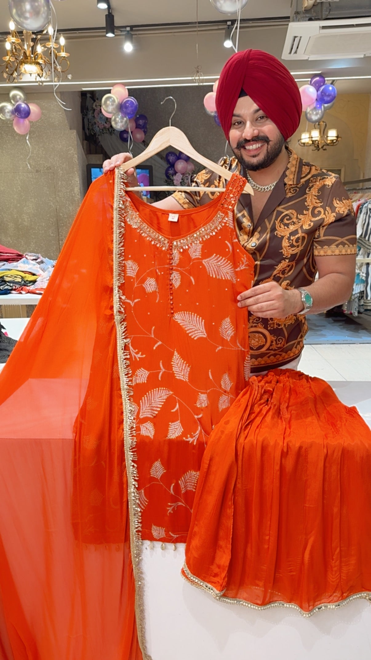 Orange Chinon Hand Embroidered Cut sleeves Full Flair Sharara Set