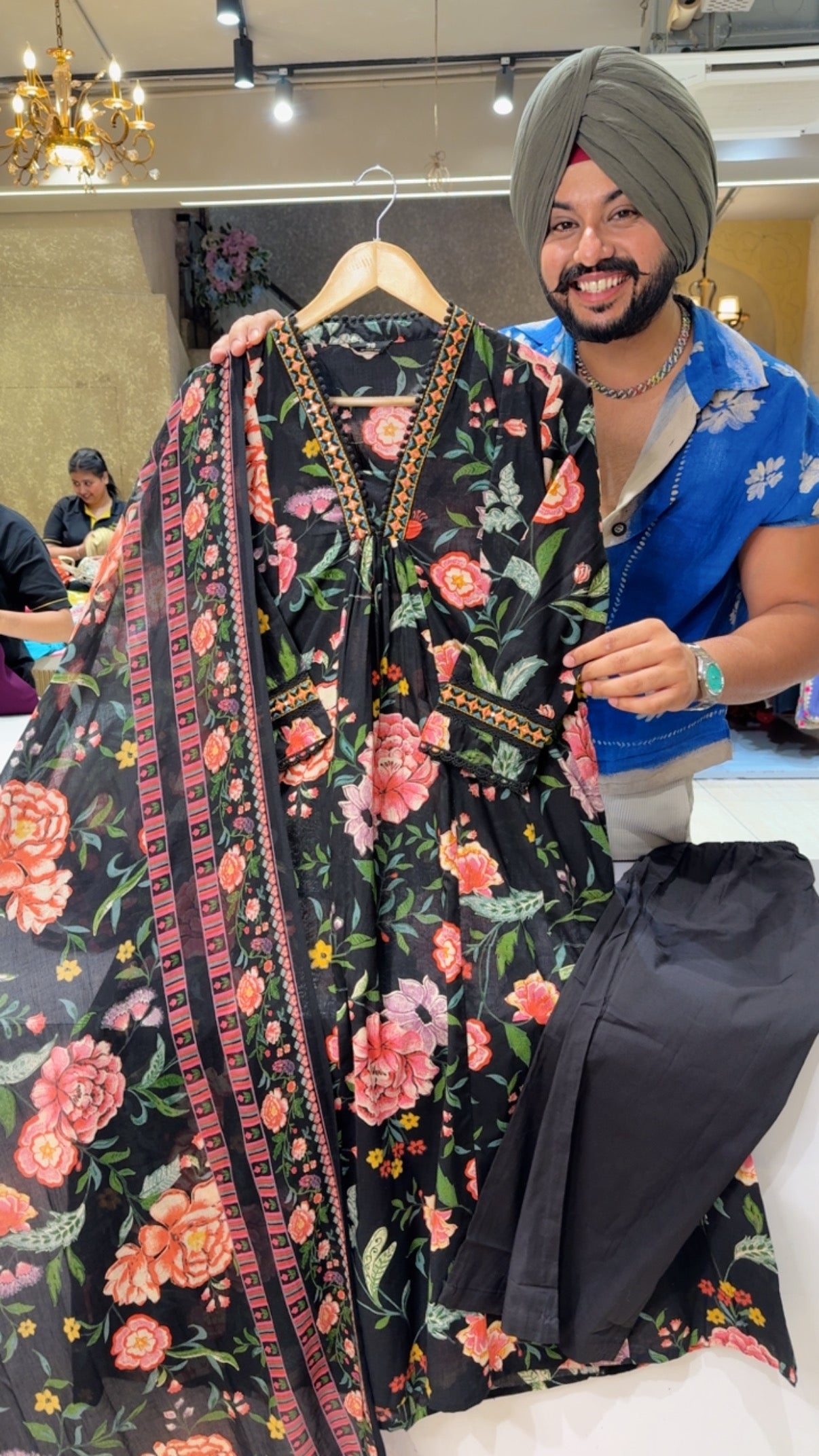 Black Floral Print Soft Cotton A-line Office Wear suit with Sleek Embroidery work on neck