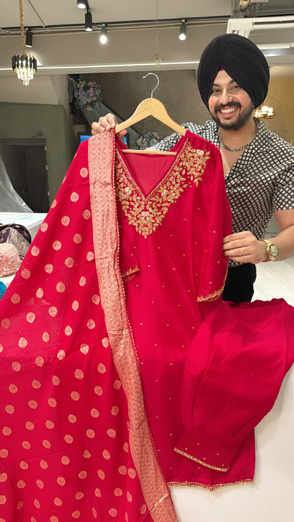 Rani pink Chinon Heavy hand embroidered pathani Salwar suit with Banarasi look Duppata