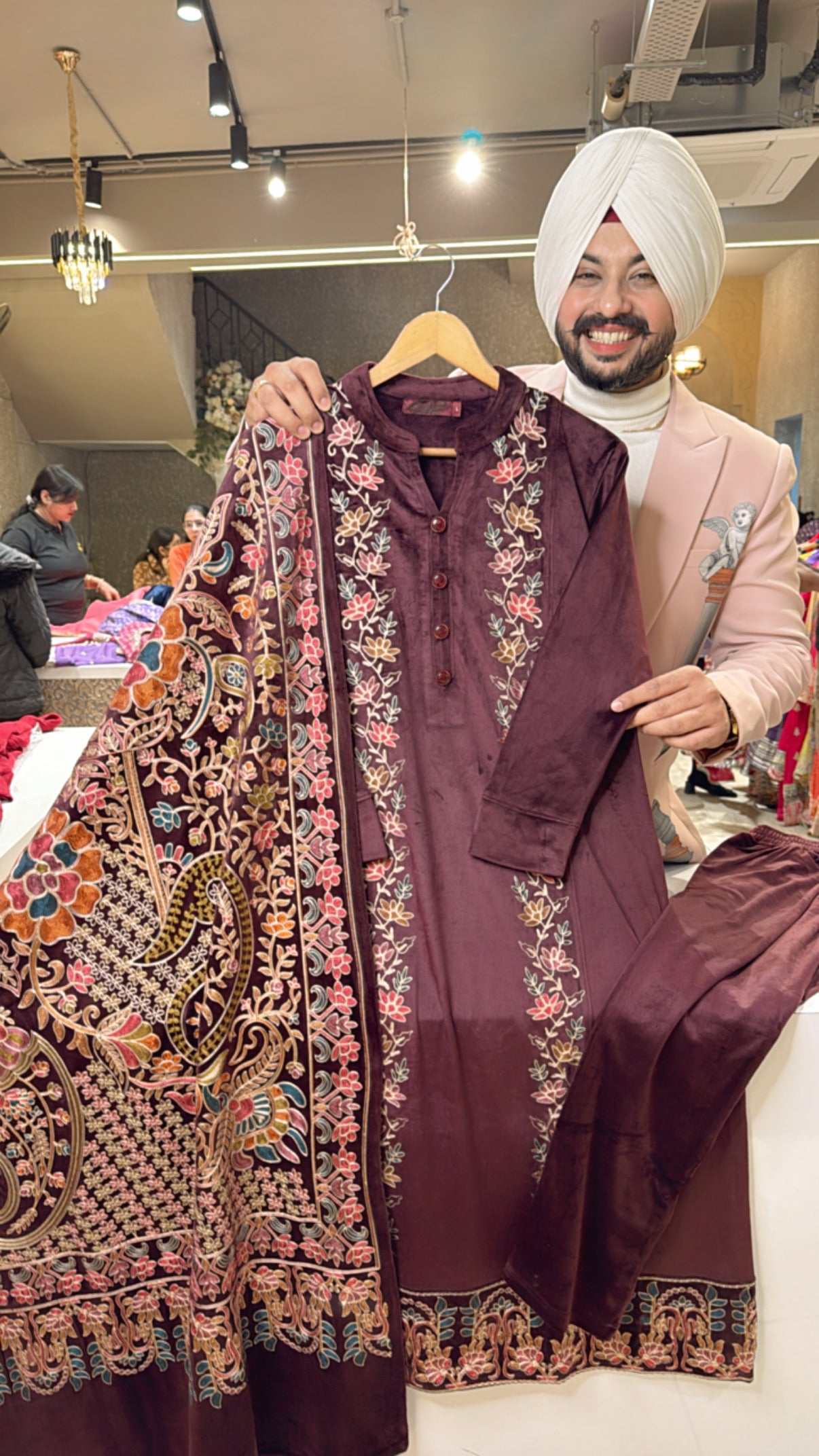 Dark Maroon Fully Strechable velvet embroidered A-line Suit with Heavy Duppata