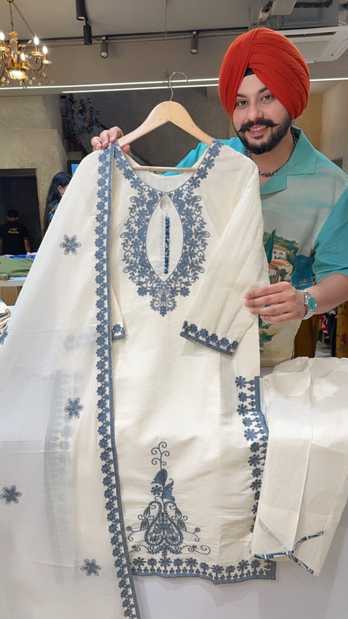 Off White & Grey Premium Kora Cotton Designer Neck Embroidered Straight Suit