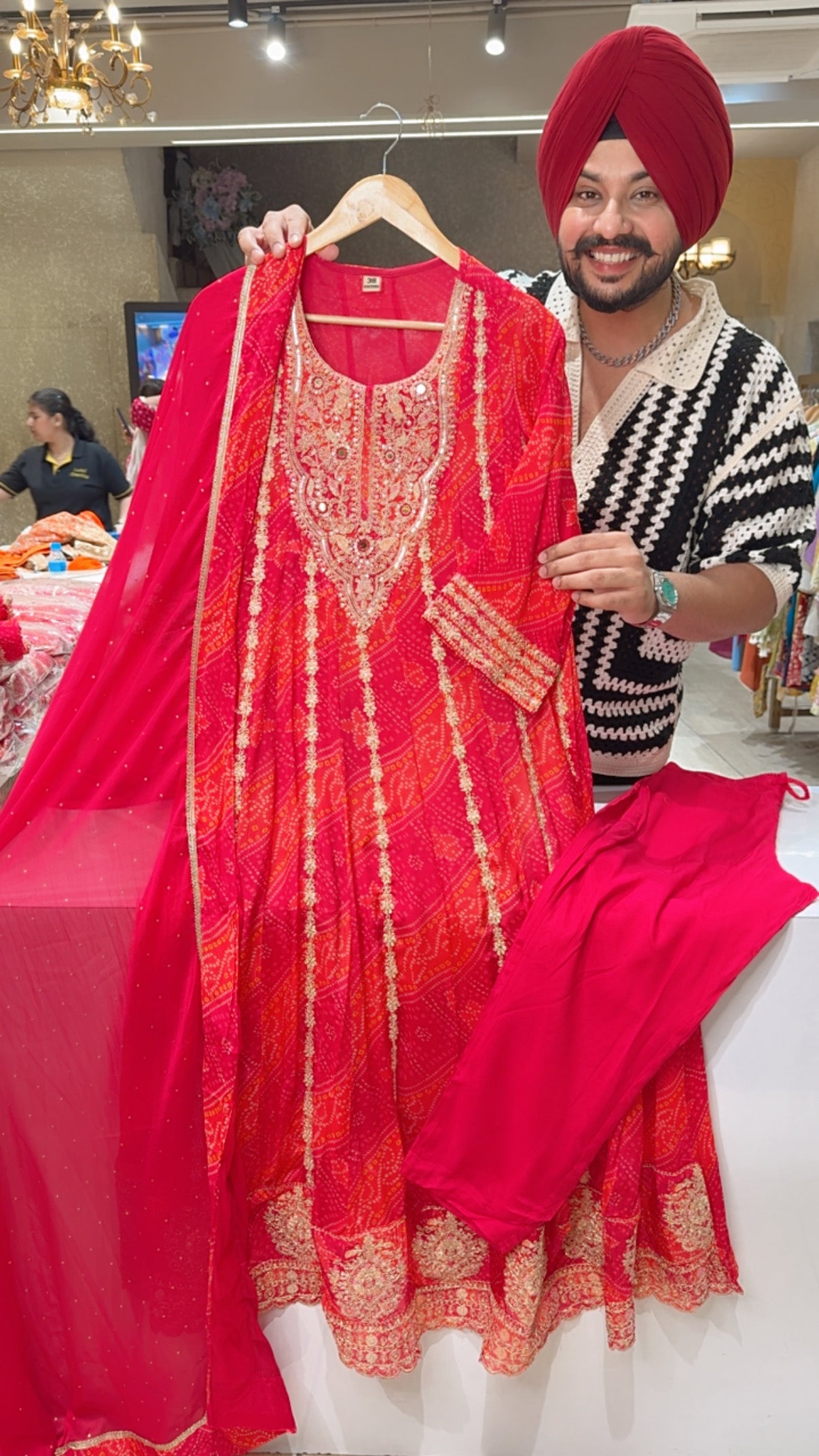 Rani Pink Chinon Bandhej Print Fully Embroidered Party Wear Anarkali suit