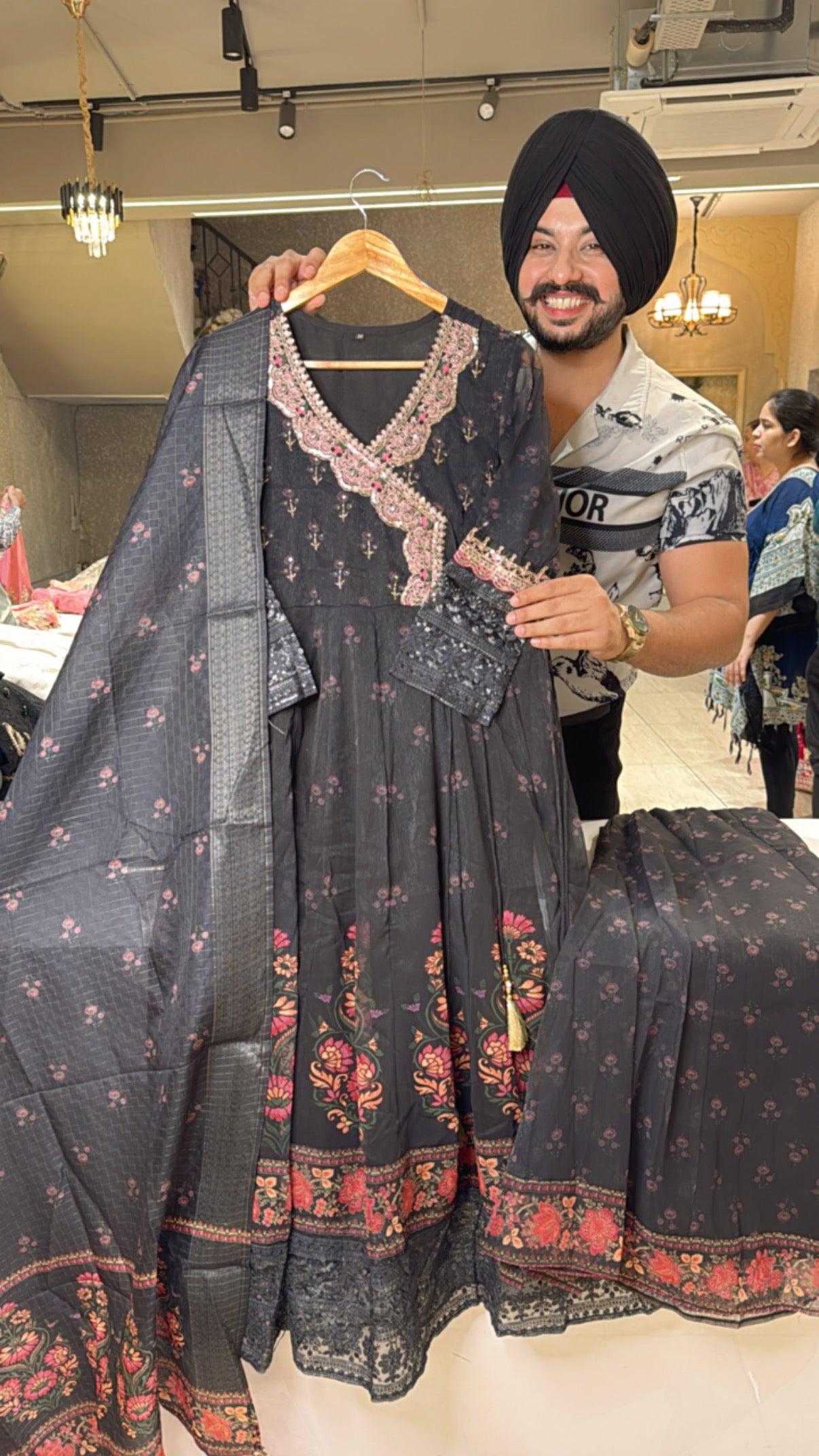 Matt black Shimmer Tissue Angrakha Anarkali suit with Sharara