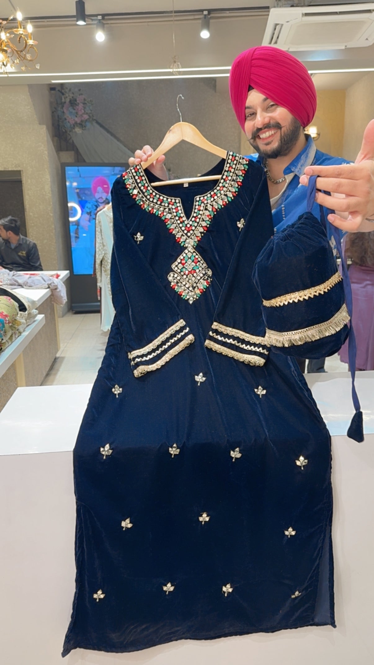 Dark Blue Velvet Heavy mirror Embroidered Long Straight Side slit Dress with Cute Potli