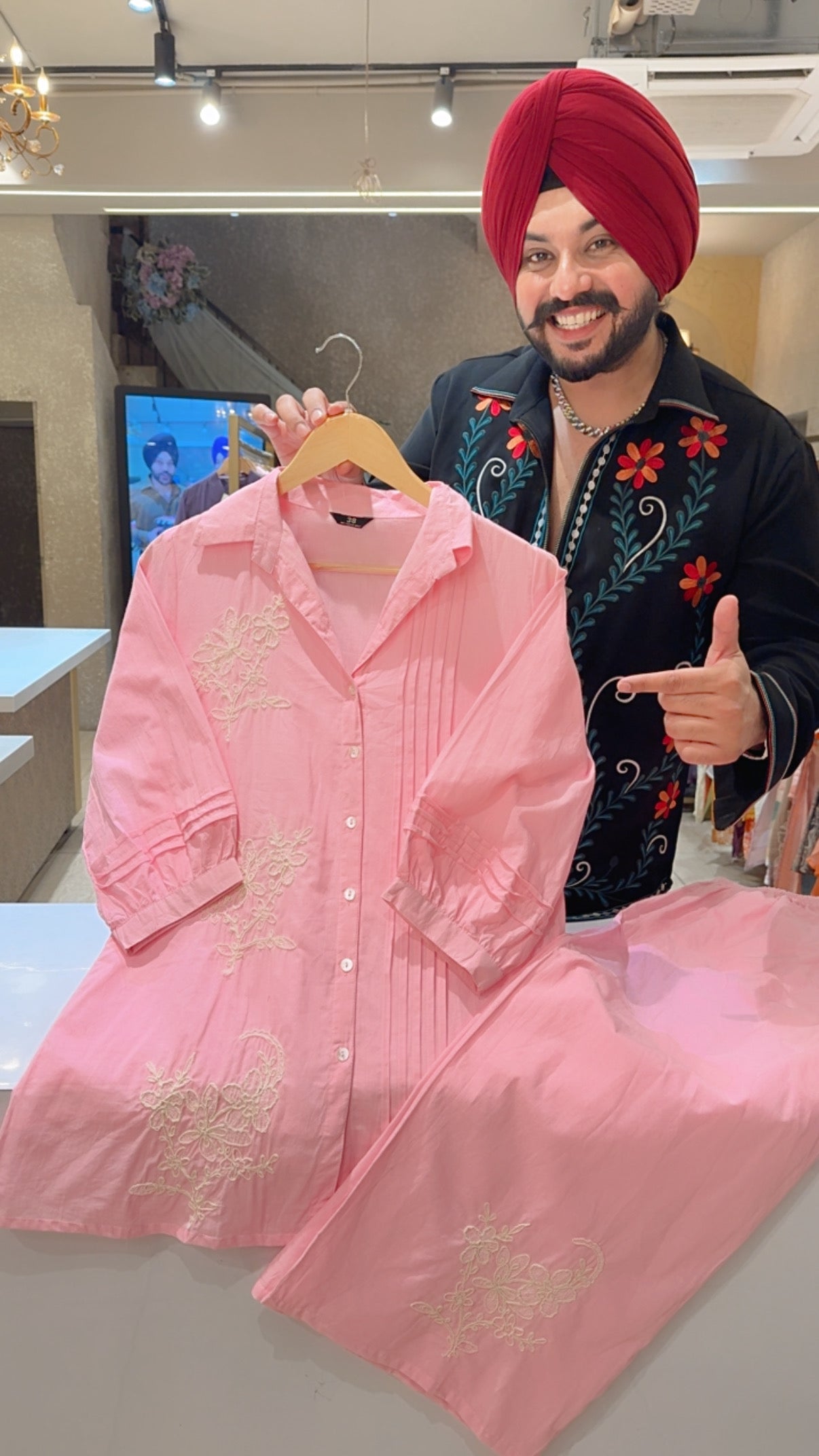 Baby Pink Cotton Collar Neck Embroidered Office Wear Coord set with Embroidered plazo