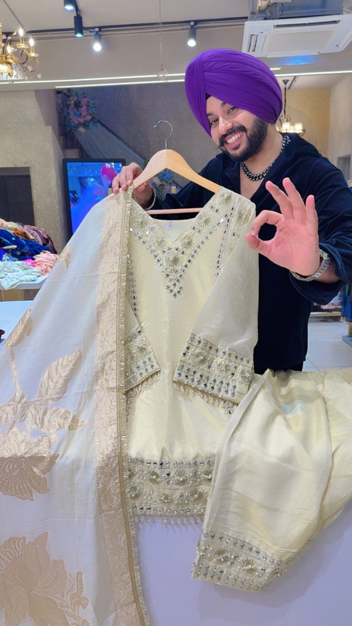 Ivory Colour Shimmer Silk Heavy Gotta Embroidered & Pearl Work Farshi Salwar Suit with Beautiful Banarasi Look Duppata