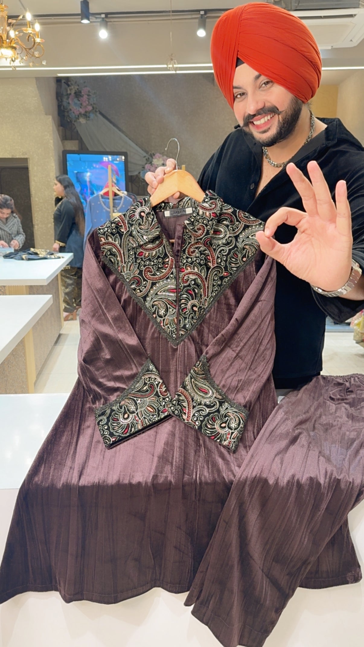 Winish Brown Premium Crush Velvet Paplum Coord set with Beautiful embroidery work on Front & Back