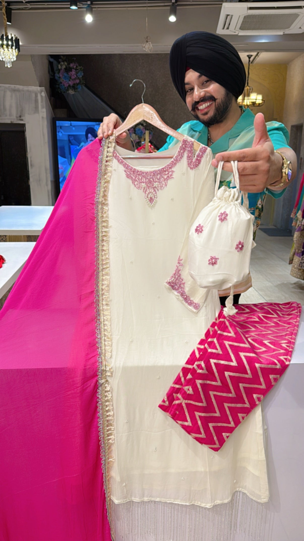 Moon white Georgette Hand embroidered Designer Straight Suit with Beautiful Brocade Pants