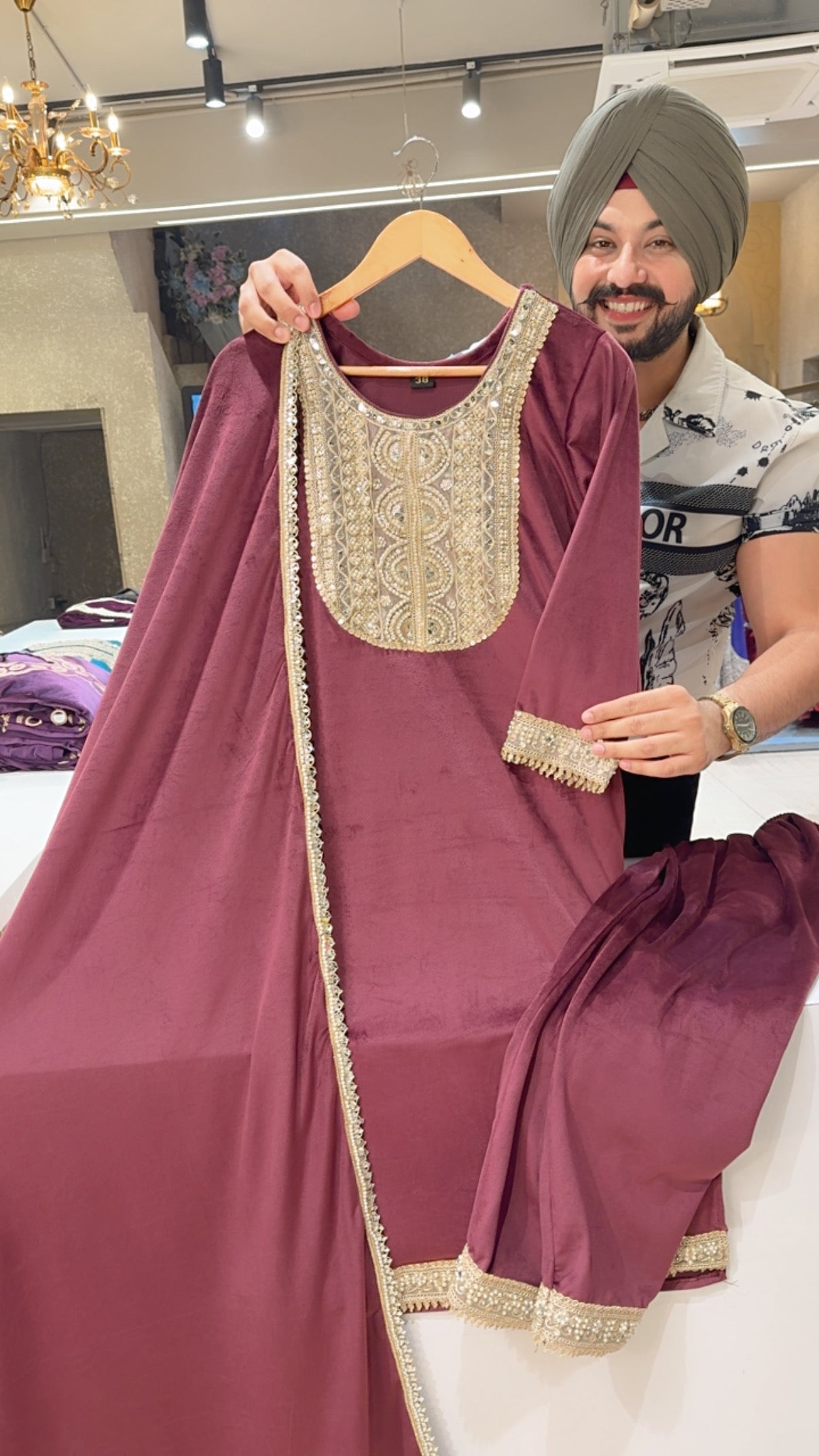 Maroonish Wine Stretchable Velvet Heavy Embroidered Straight Suit with Beautiful Duppata