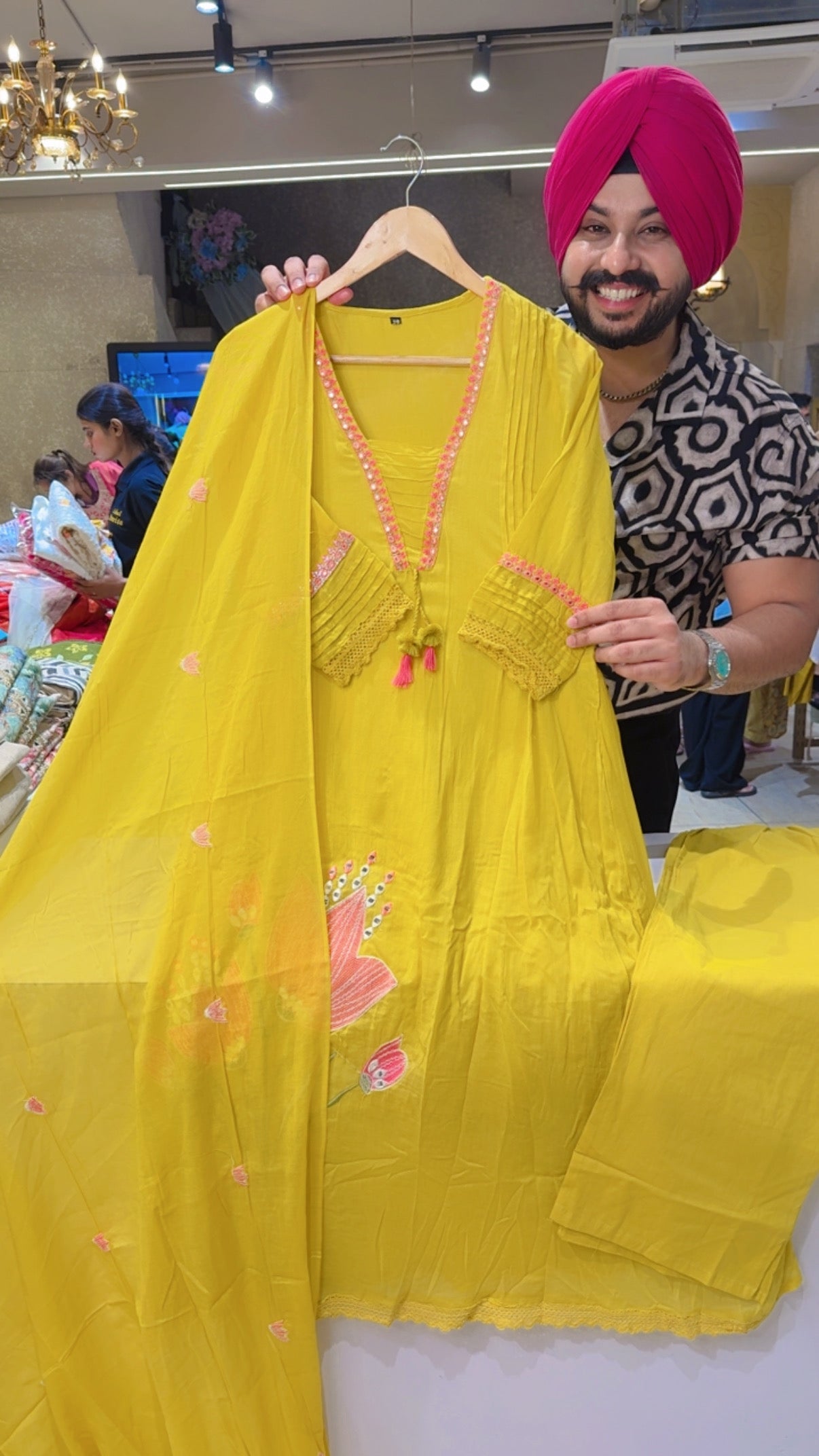 Yellow Mal Cotton A-line Floral Embroidery work Semi Formal Suit with Mal Cotton Embroidered Duppata