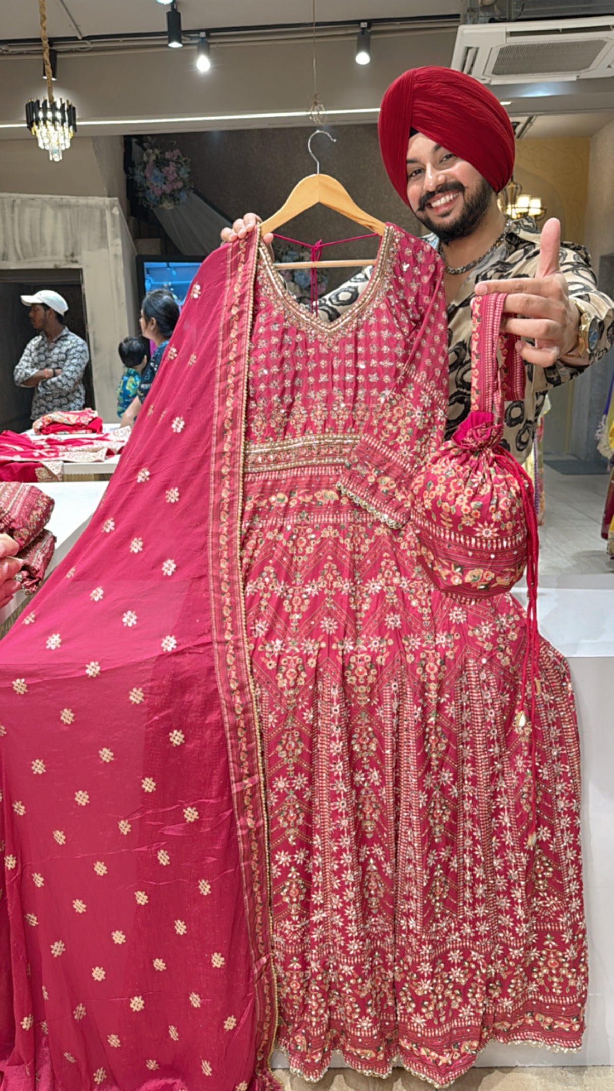 Fushia Pink Crepe Heavy Hand embroidered & Mirror Work Anarkali Gown with Beautiful Sequins work Duppata & Potli