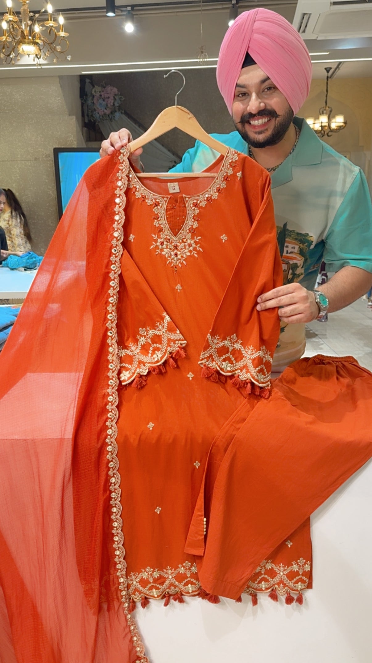 Rusty Orange Pure Cotton Beautiful Embroidery & Mirror Work Party Wear straight Suit with Kota Doria Duppata