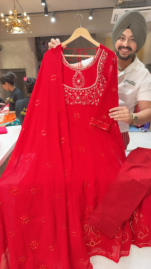 Light Sea Blue Mal Cotton Noodle Sleeves Front gathering Anarkali suit with Beautiful Embroidery Work on neck