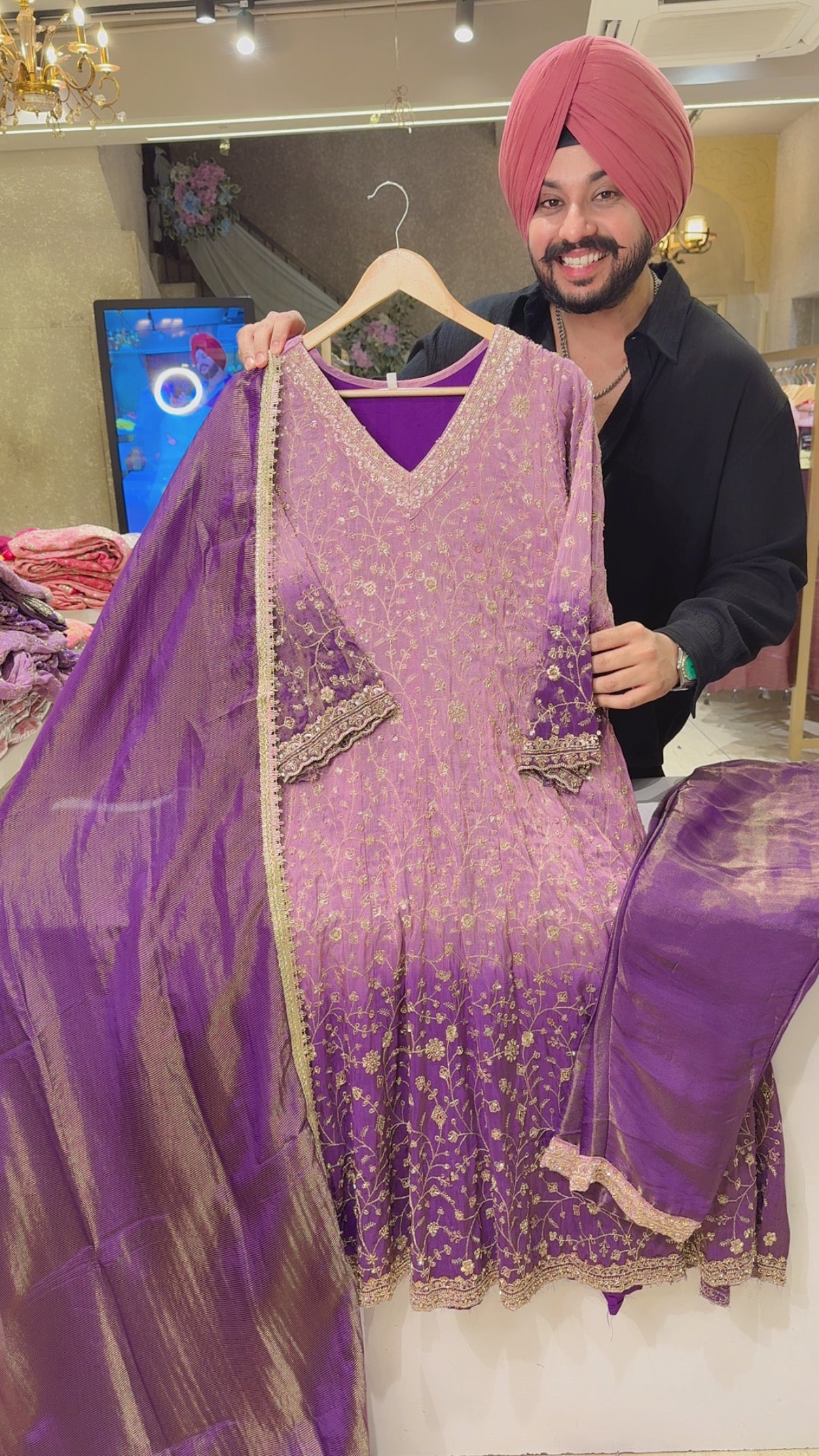 Mauve & Purple Shimmer Silk Front & Back Fully Hand embroidered Party Wear Anarkali Suit