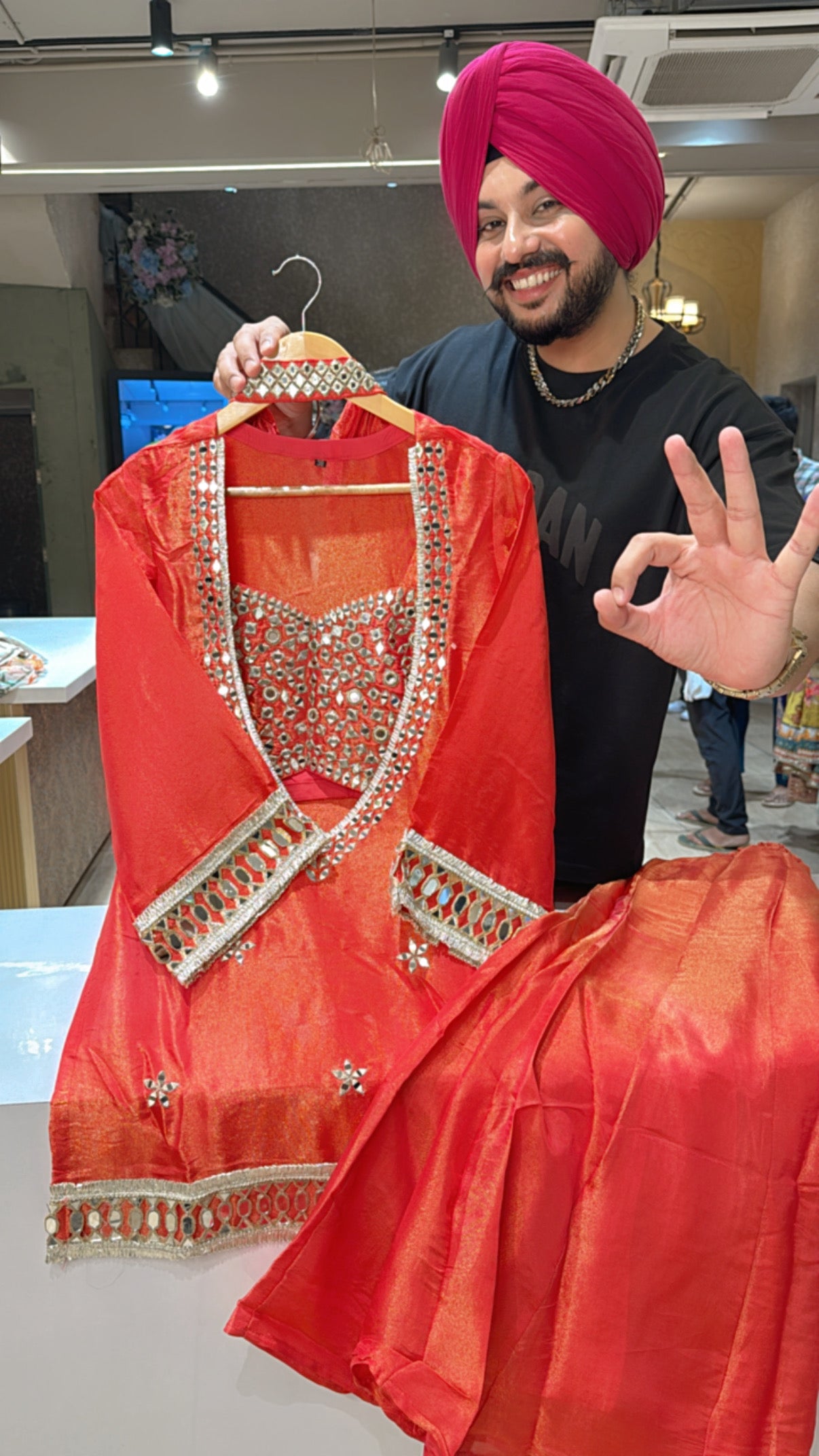 Gajri Shimmer Silk Tissue Designer Bell Bottom Sharara Coordset with Heavy mirror work on it & Bustier