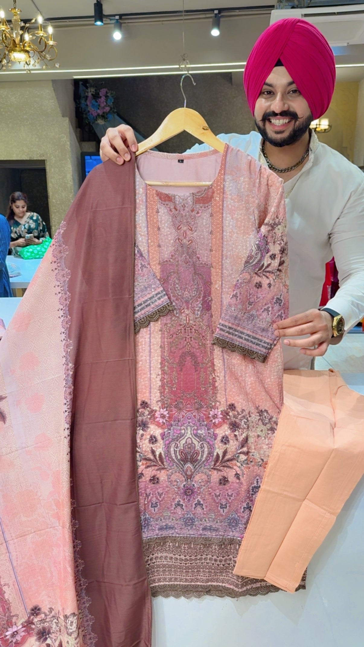 Peach & Multicoloured Cotton self Embroidered & Sequins Work Semi Formal Suit with Beautiful Duppata