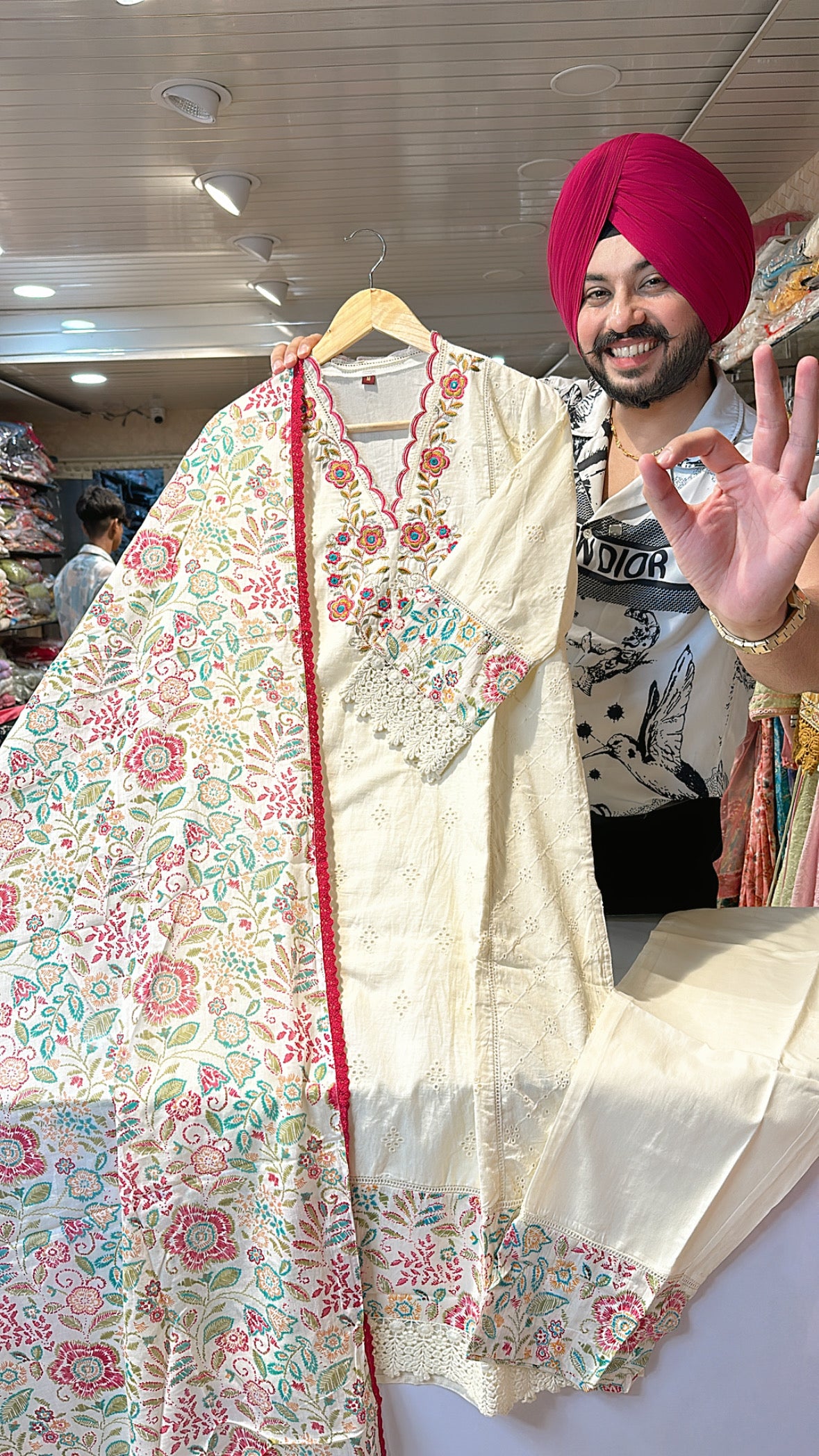 Off white Pure cotton Embroidered Pakistani Suit with Beautiful Printed Duppata