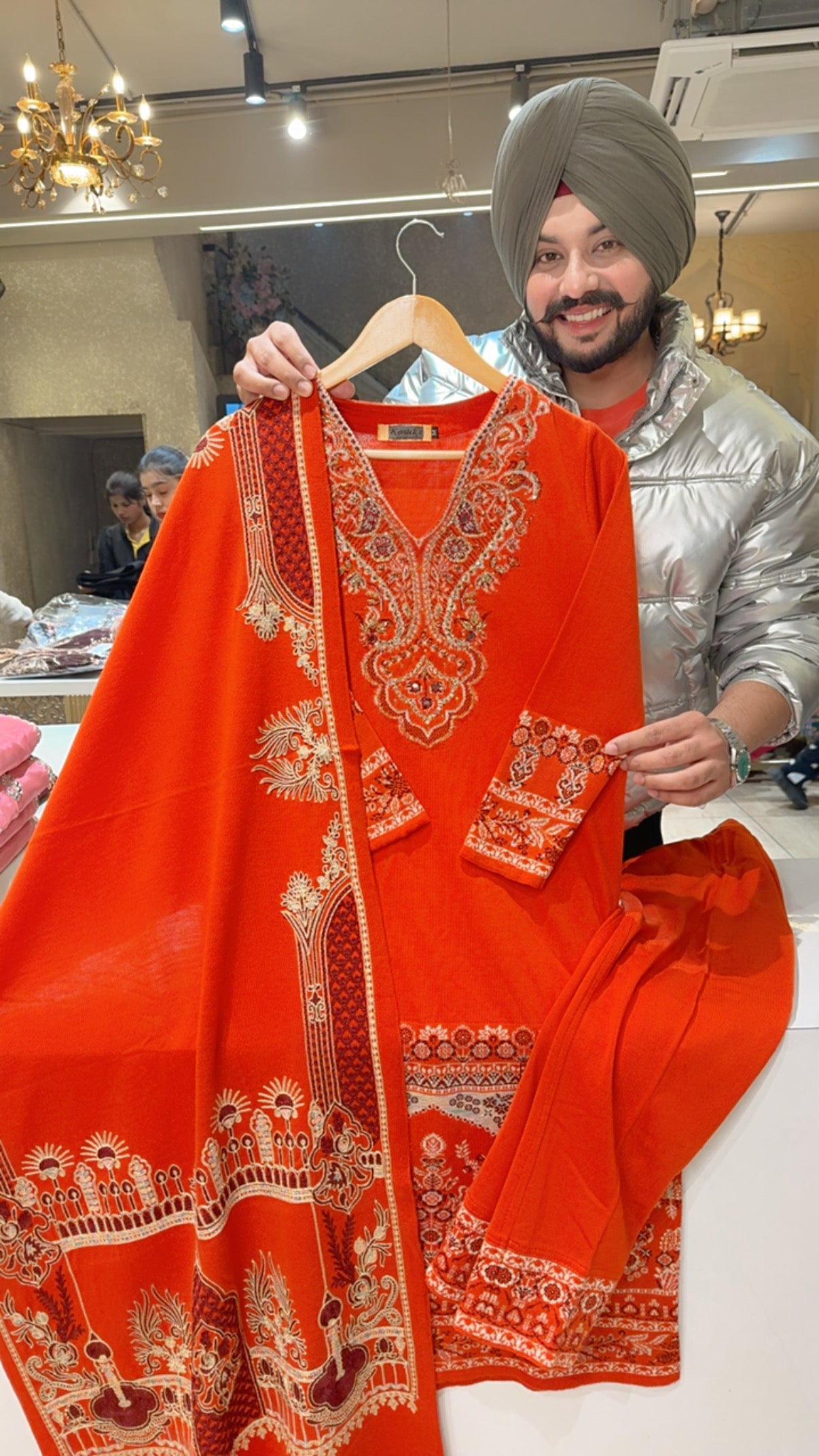 Vibrant Orange Soft Woolen Hand Embroidered Straight Suit with Beautiful Embroidered Woolen Duppata