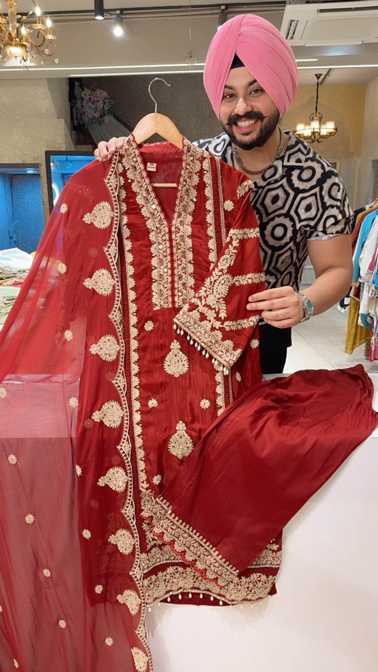 Deep Rust Chinon Fully Embroidered Party Wear straight Suit with Beautiful Chinon Duppata