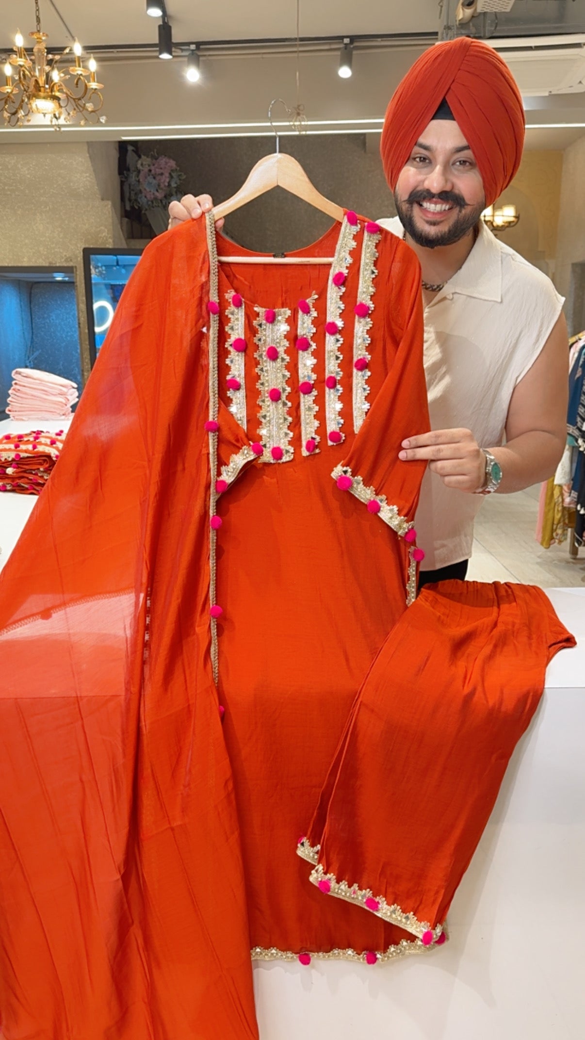Rust Orange Mal Chanderi Party Wear Pom-Pom Suit