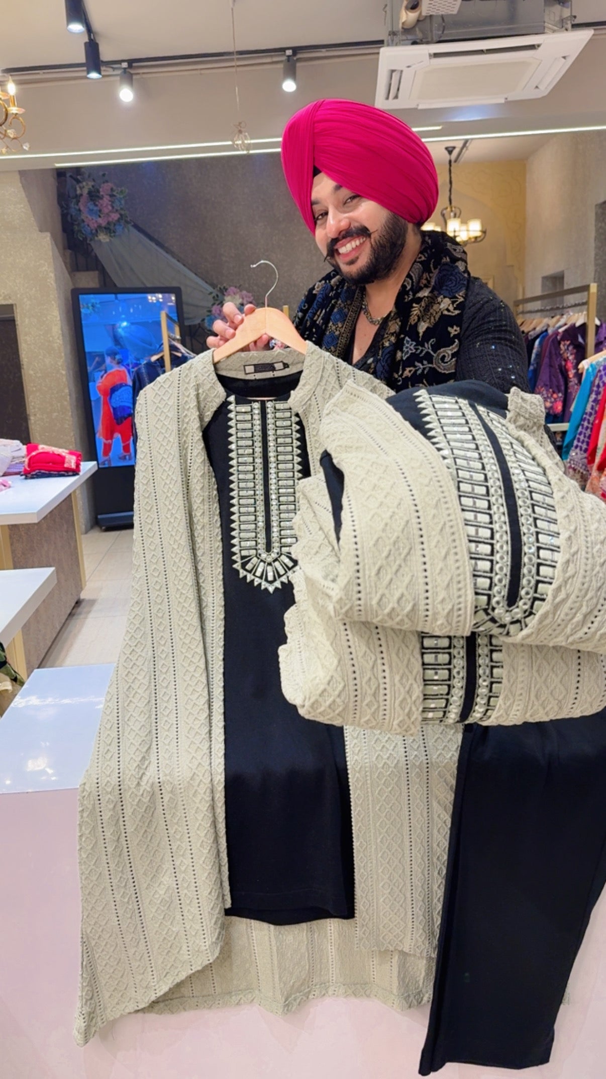 Black & Light Pista Woolen Long Length Embroidered Coord set with Stylish Shrug