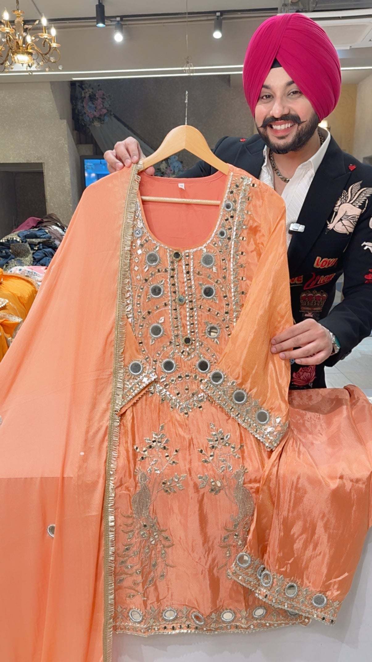 Peach Shimmer Organza Heavy Gota Peacock & Mirror Embroidered Kashmiri Suit