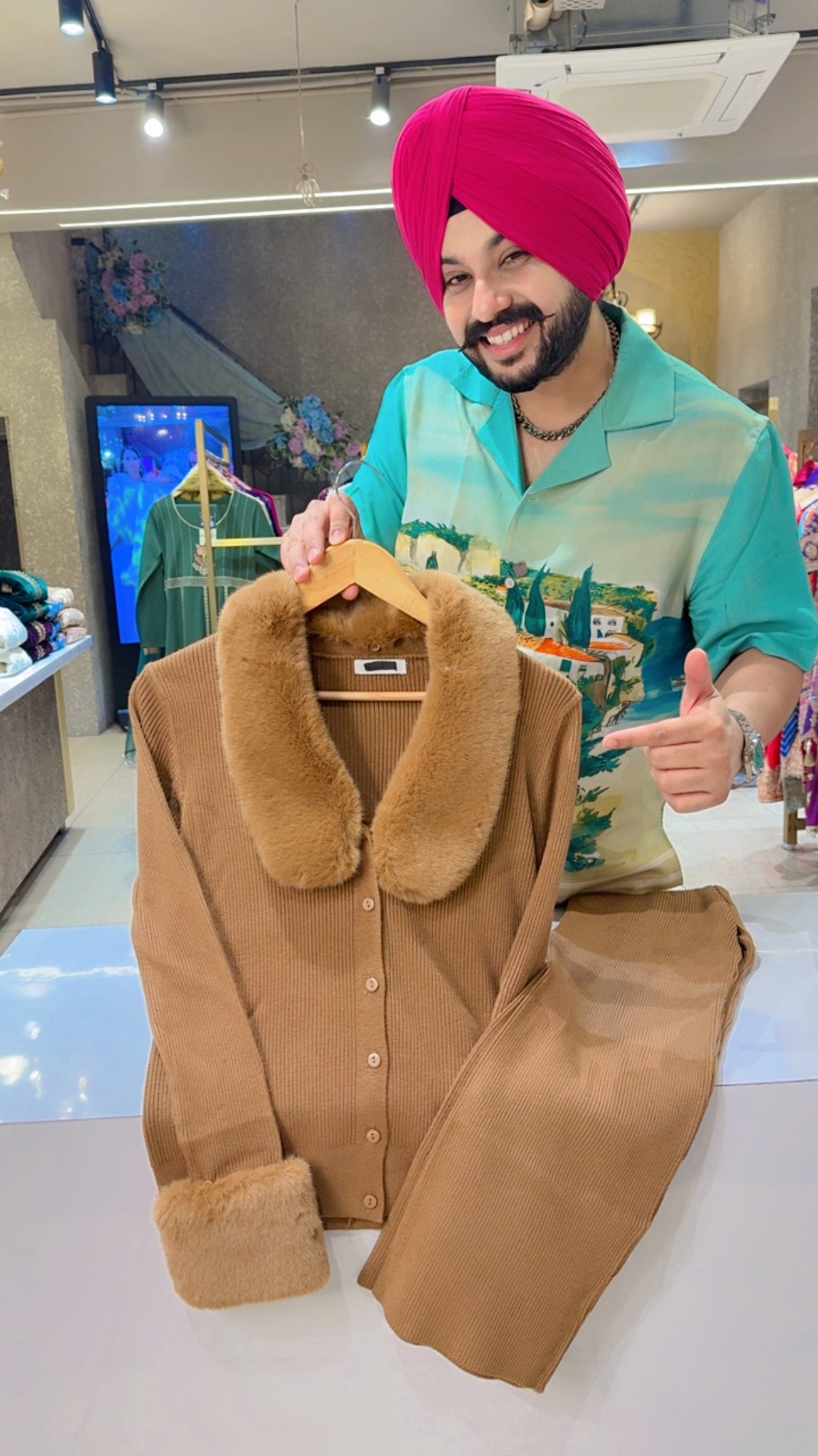 Tan Colour Imported Woolen Western Coord set with Stylish Furr on Neck & sleeves