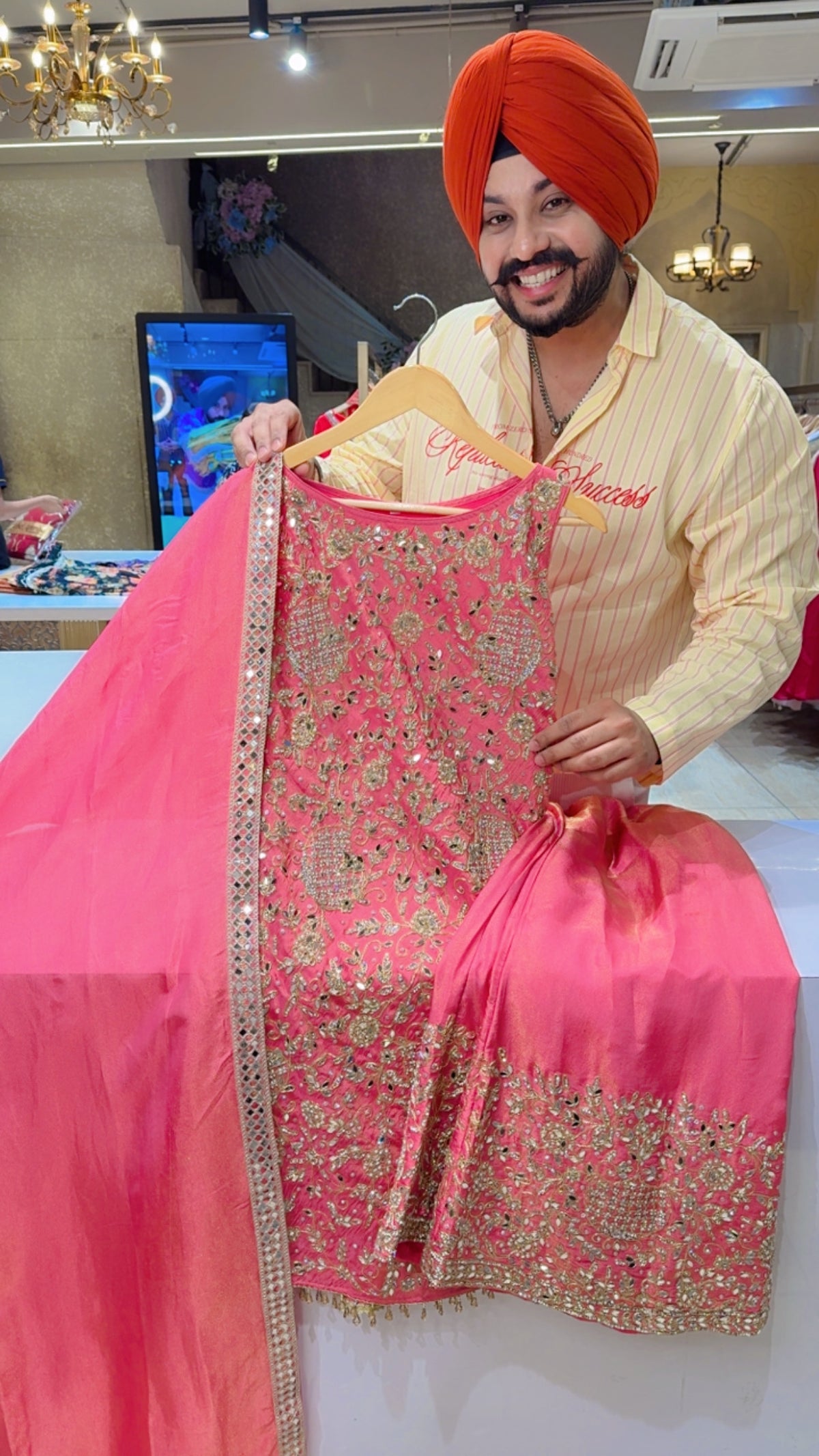 Pink Shimmer Silk Fully Hand embroidered & Mirror Pasting Boat Neck Paplum Bell Bottom Heavy Suit