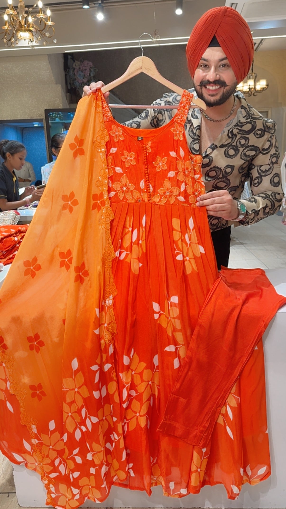 Vibrant Orange Premium Chinon Hand Embroidered Cutsleeves Party Wear Anarkali suit with Beautiful Sequins Work Duppata