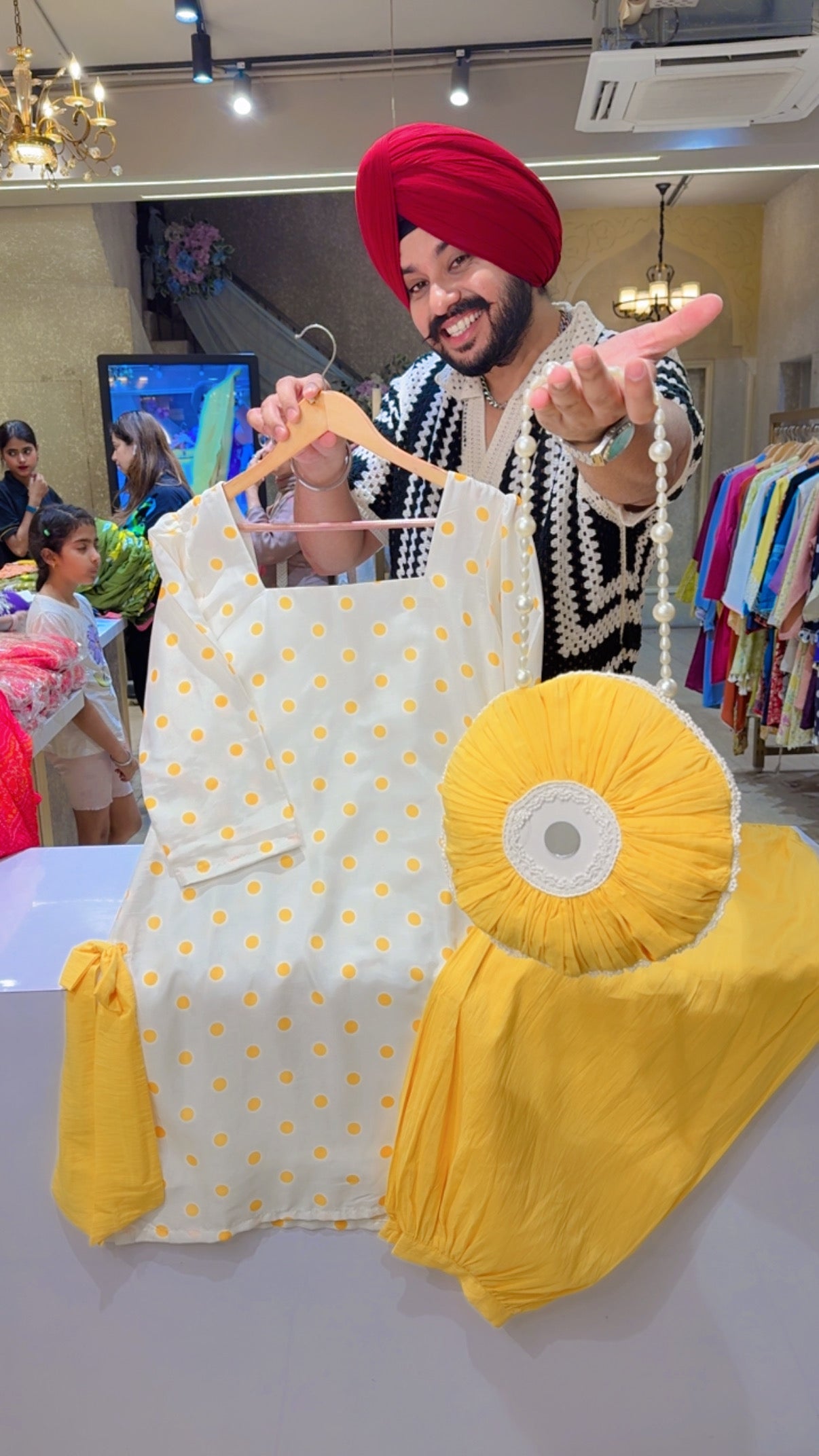 Moon white & Yellow Polka Dots Imorted Silk Baloon Pants Indo Western Coord set with Designer Purse