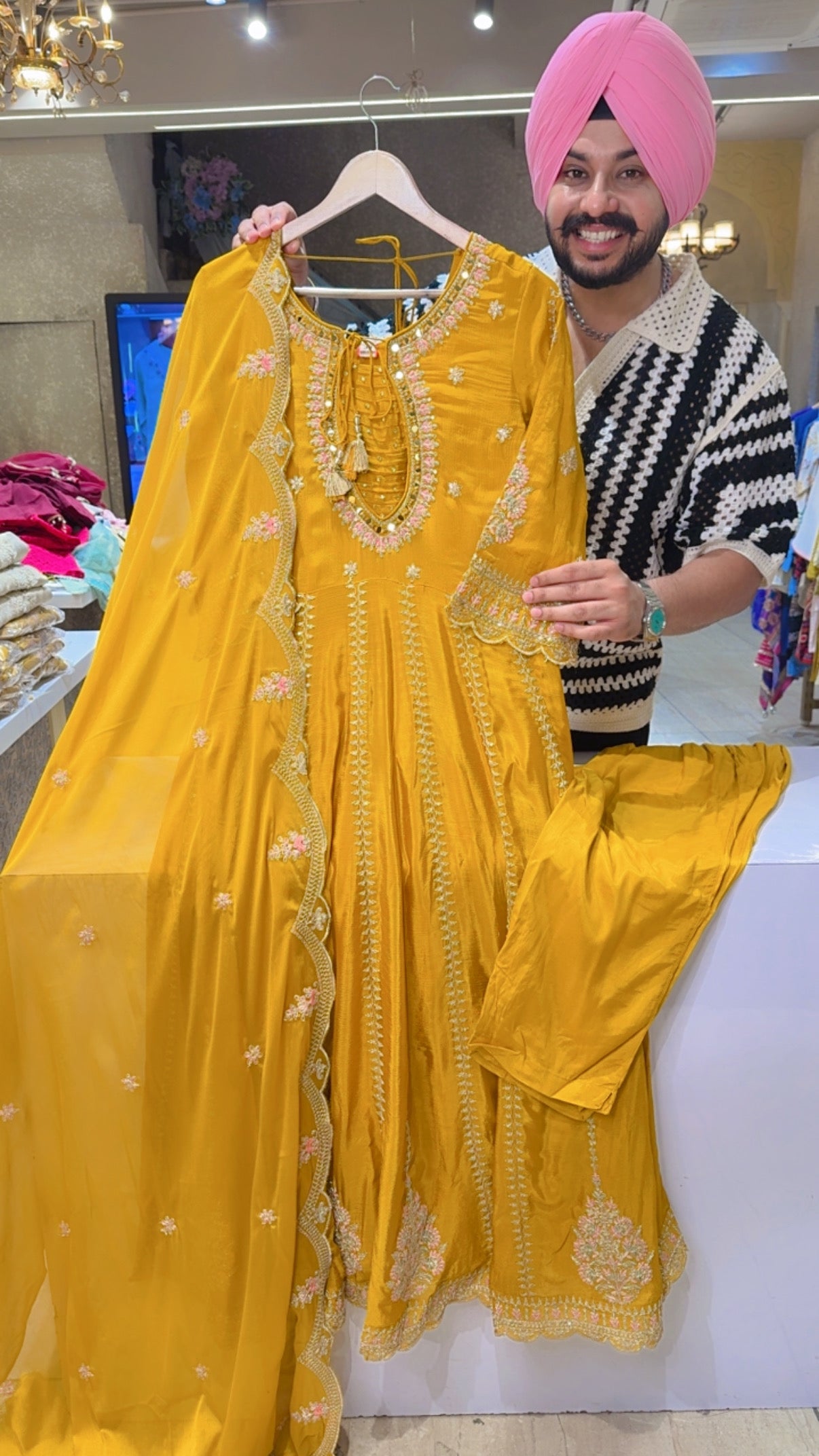 Yellow Premium Chinon Full Embroidered Anarkali Suit with Designer Neck & Back