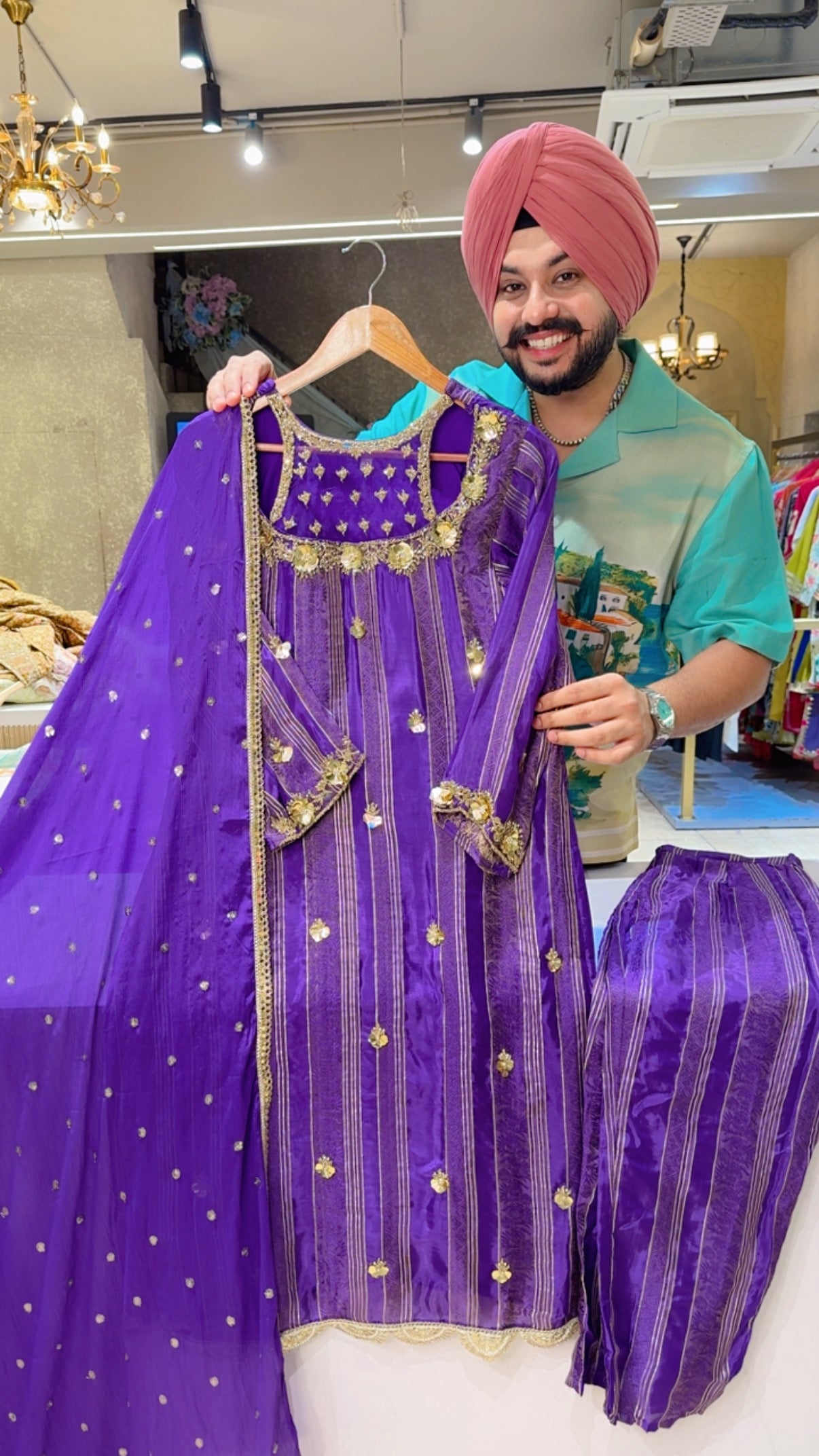 Purple Premium Silk Designer Neck Party Wear Suit with Heavy Hand embroidery work on neck & sequins work Chinon Duppata