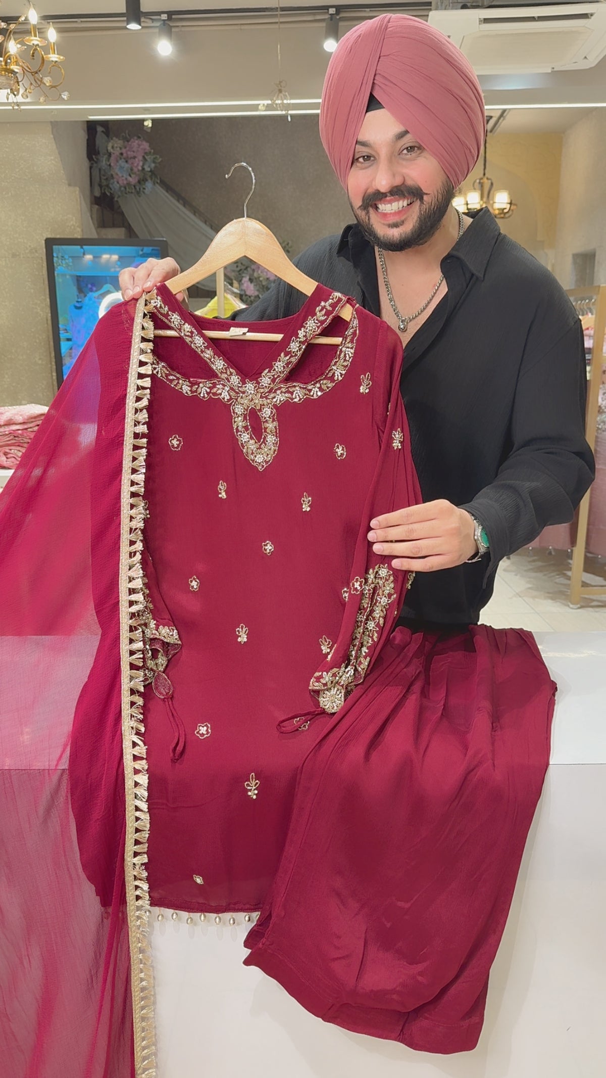Maroon Chinon Designer Neck & Sleeves Hand embroidery work Party Wear Plazo Suit