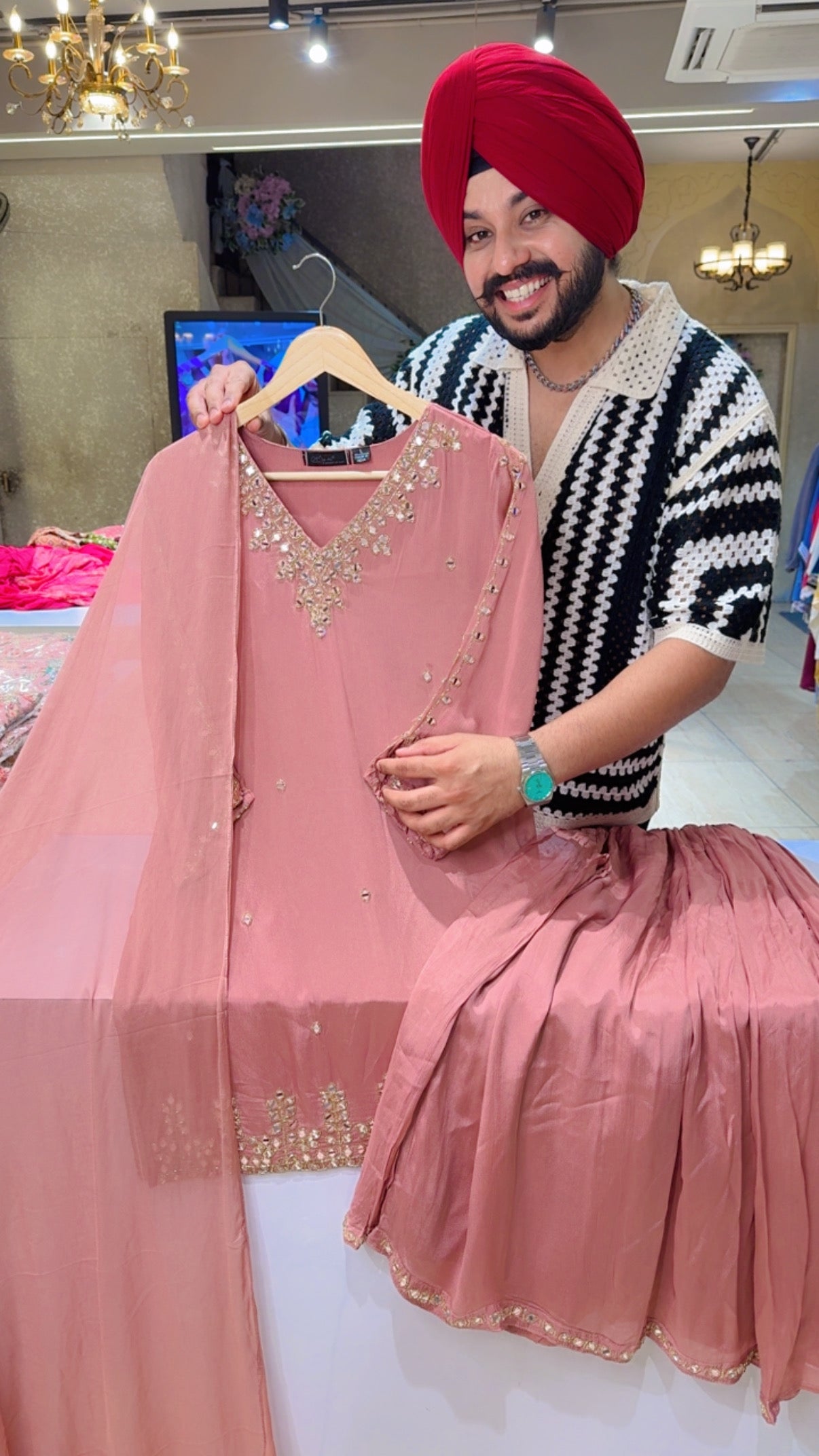 Pastel Pink Chinon Hand Embroidery & Mirror Work Full Flair Partywear Sharara Suit