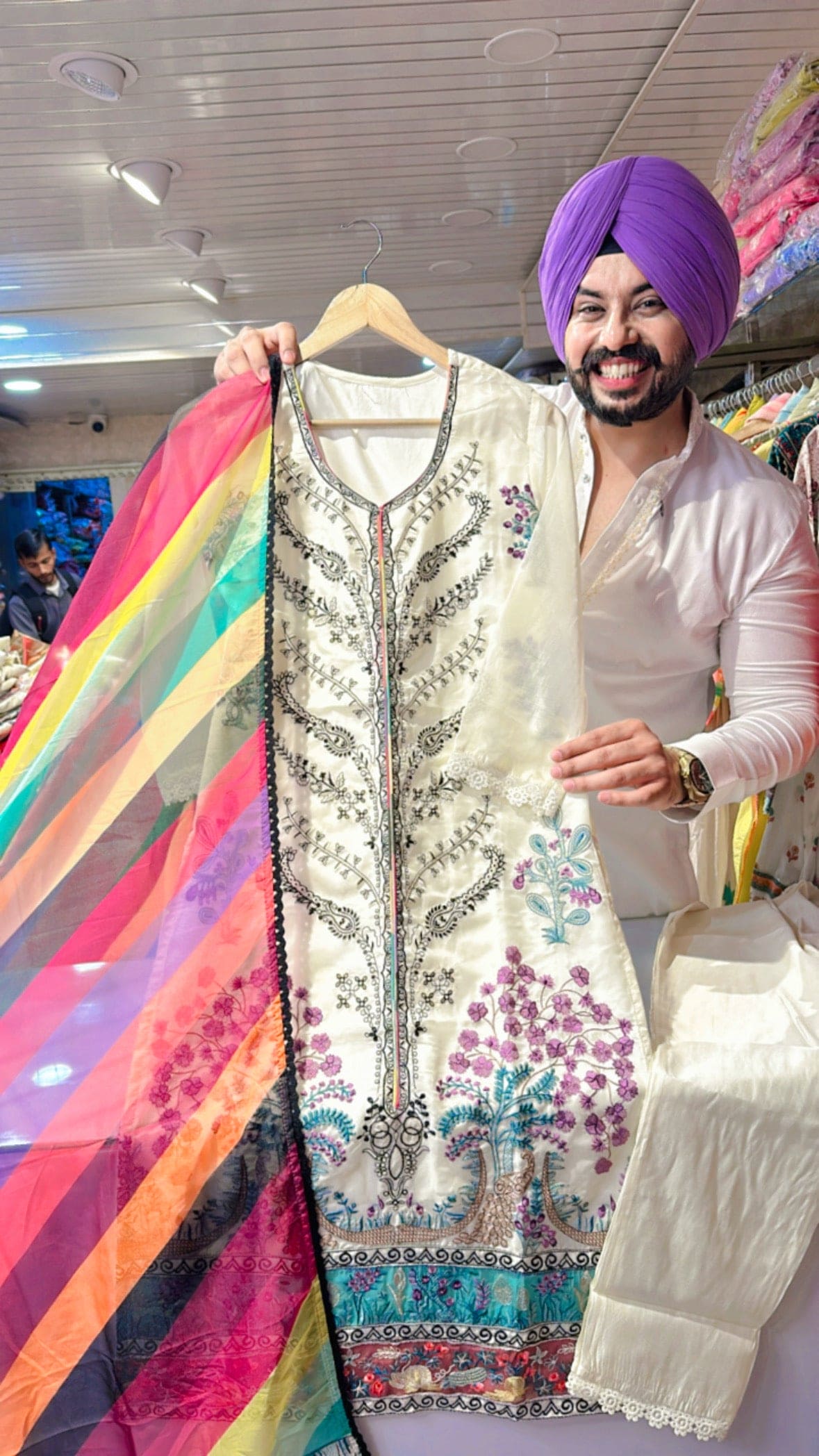 Off white Organza Fully Embroidered Suit with Beautiful Digital print organza Duppa