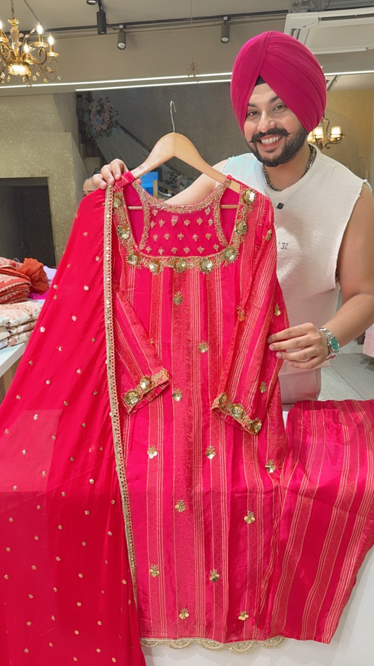 Rani pink Premium Silk Designer Neck Party Wear Suit with Heavy Hand embroidery work on neck & sequins work Chinon Duppata ST0