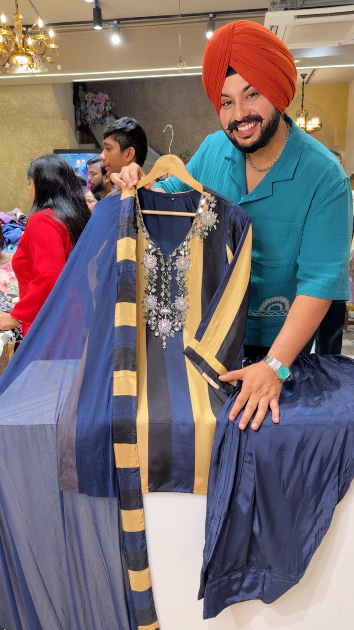 Blue Crepe Metallic Handwork Party wear Indowestern Farshi Suit