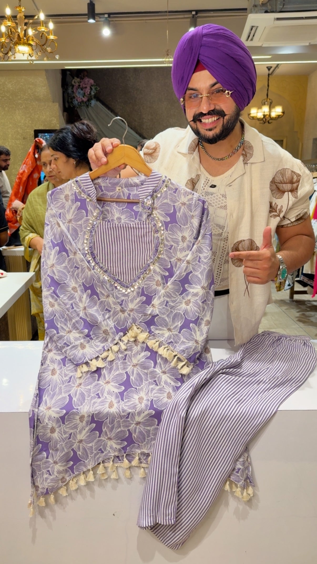 Light Purple Rayon C-Cut Designer Neck Long Length Coord set with Beautiful Mirror Work On it