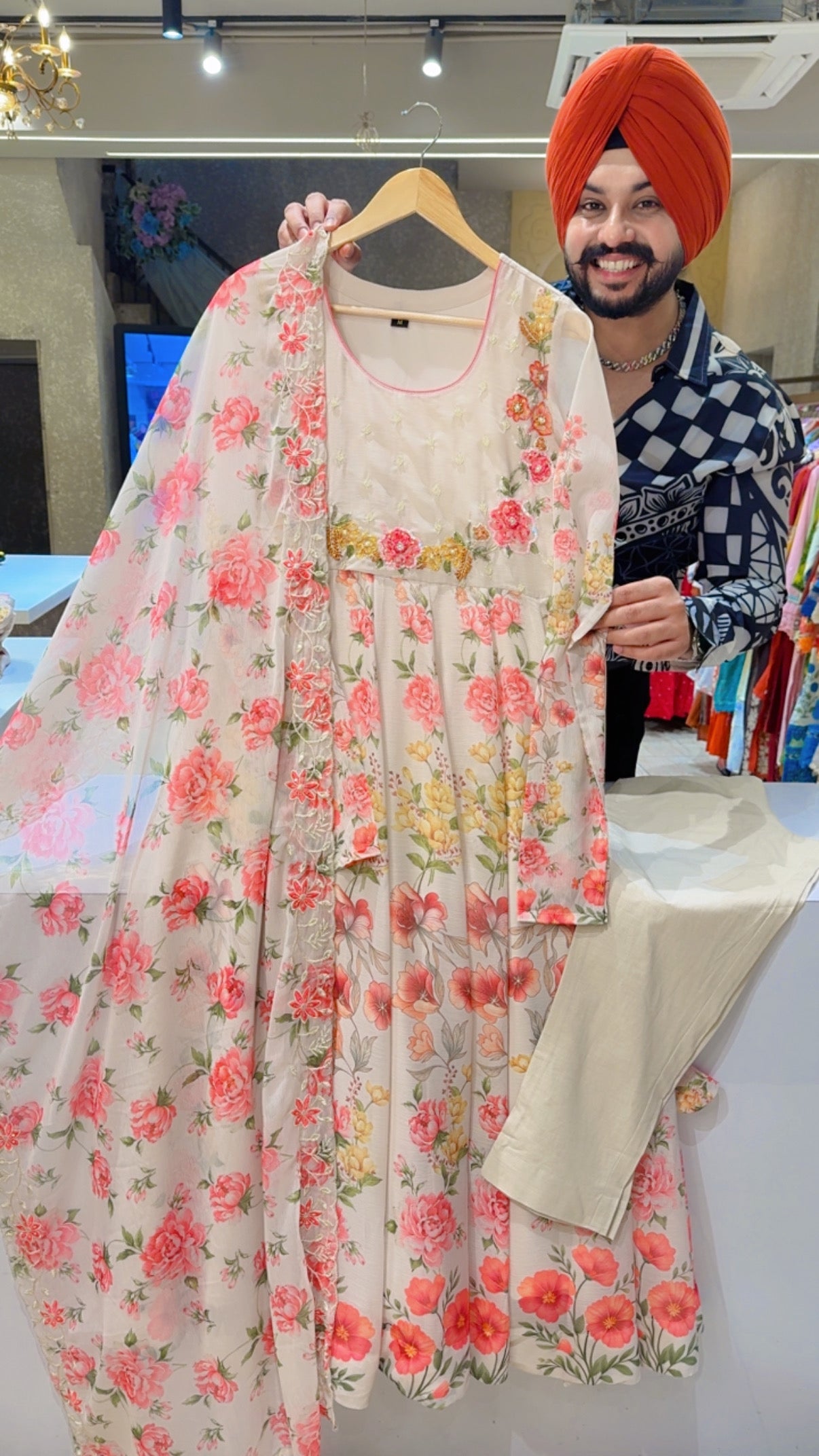 English Beige Soft Chiffon Hand Embroidered Girlish Anarkali Suit with Beautiful Sequins work Duppata