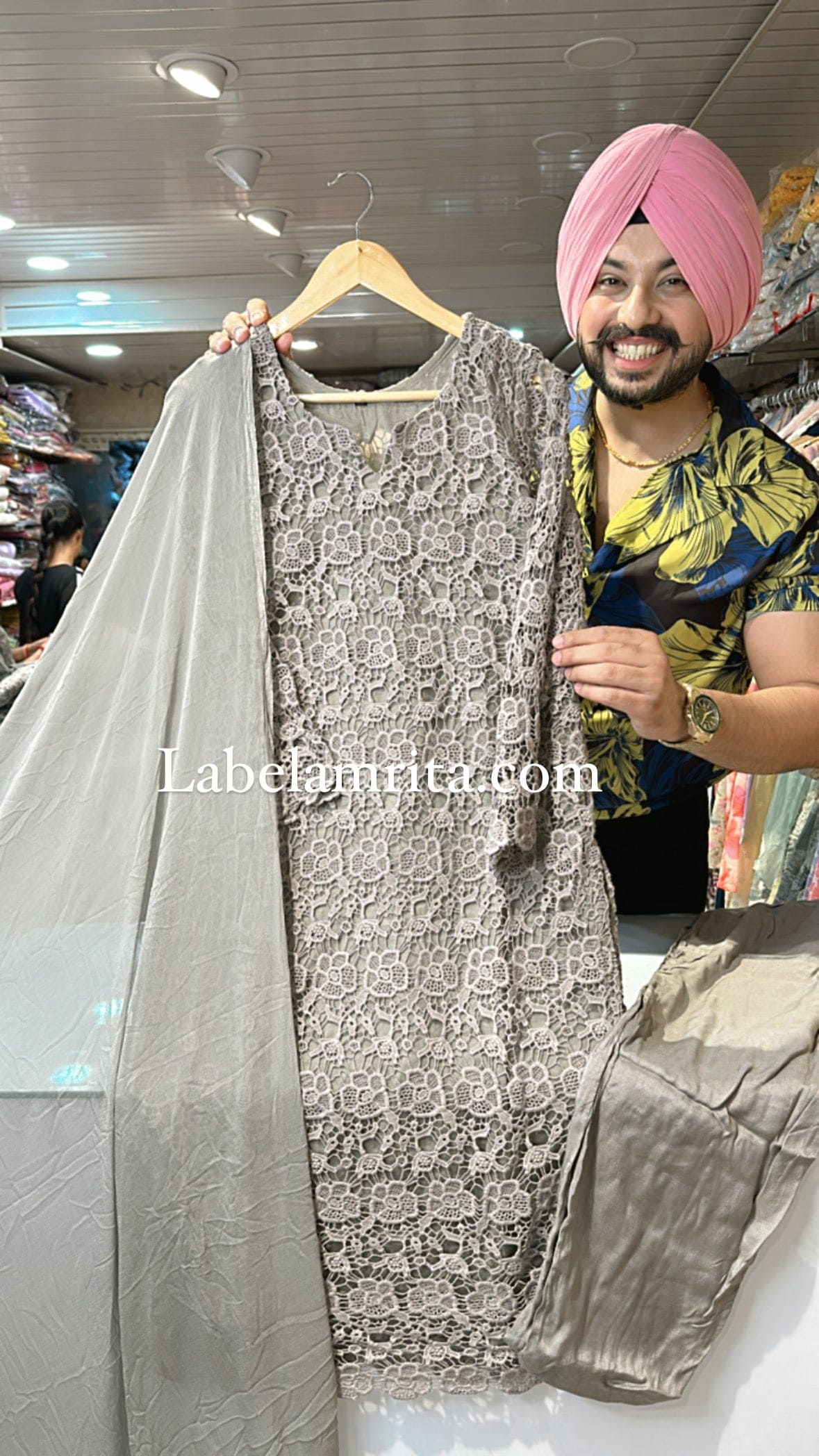 Grey Crochet Pakistani Indo western Suit with Light Chiffon Duppata