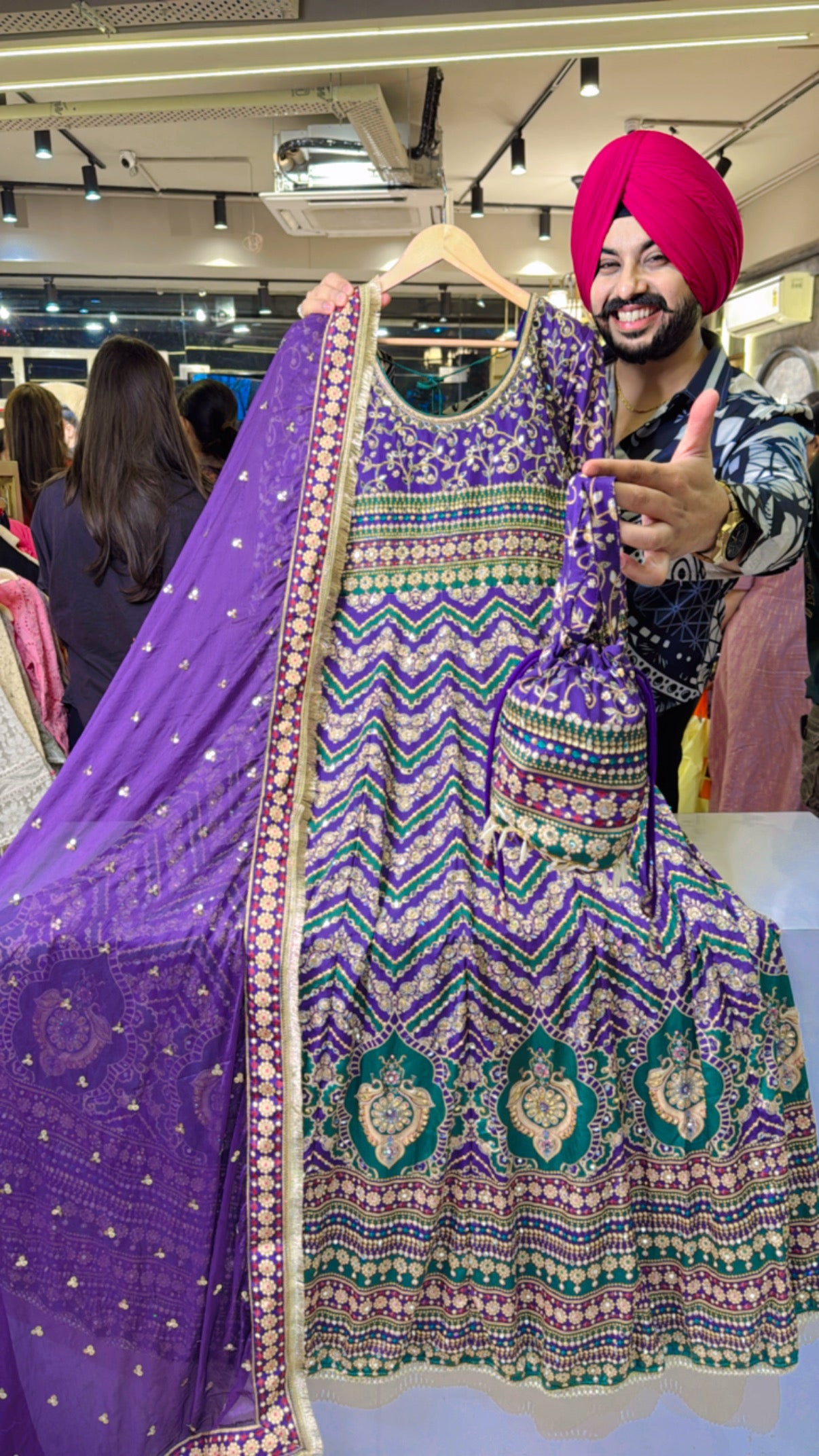 Purple Crepe Heavy Hand Embroidered & mirror pasting Anarkali Gown With Beautiful Duppata & Cute Potli