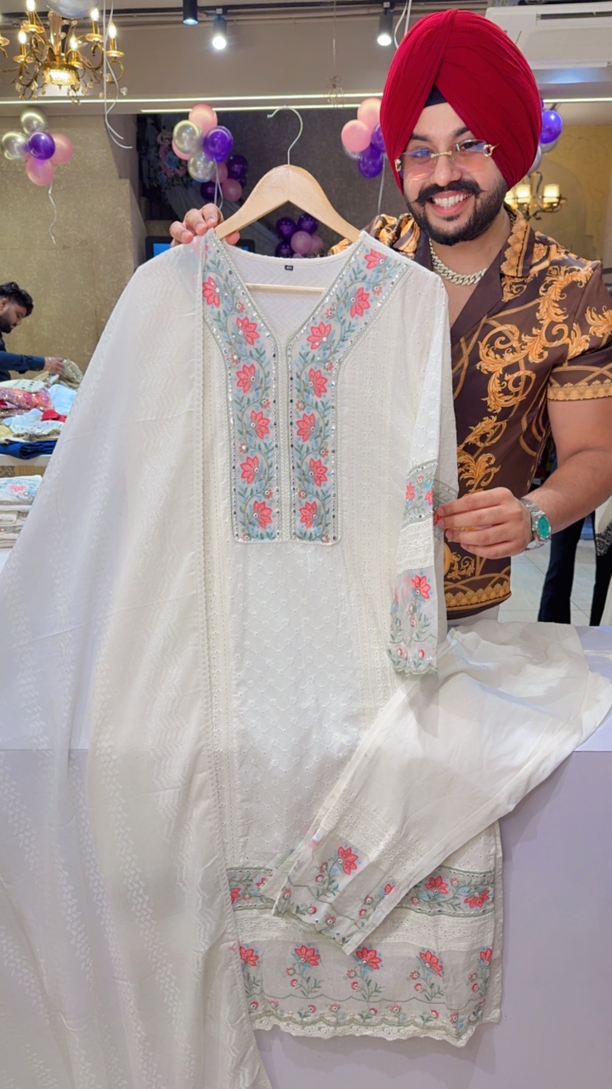 Moon White Cotton Shifli & Embroidery Work Royal Straight Suit