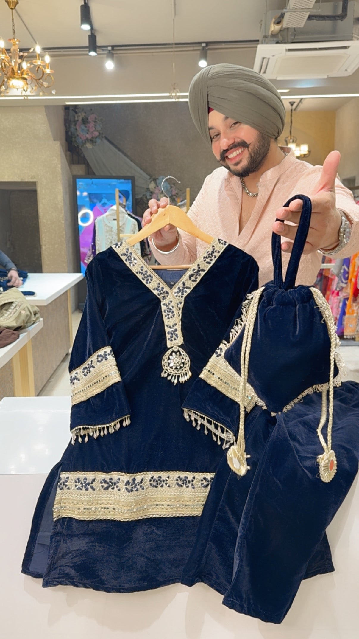 Navy Blue Heavy velvet Embroidered Party Wear Coord set with Cute Potli