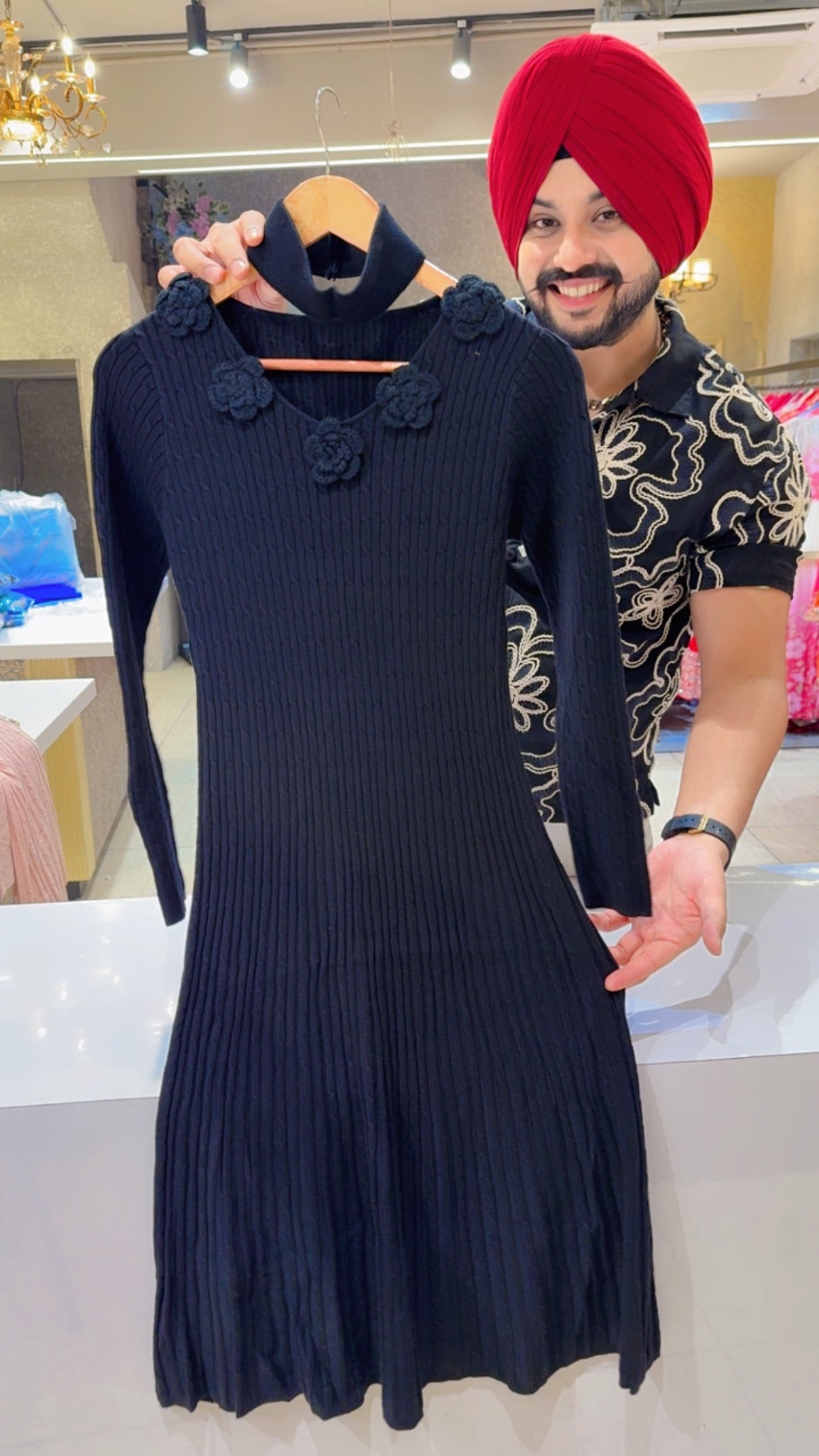 Black Colour Imported Woolen Fully Strechable knee Length Dress with Stylish Neck Band