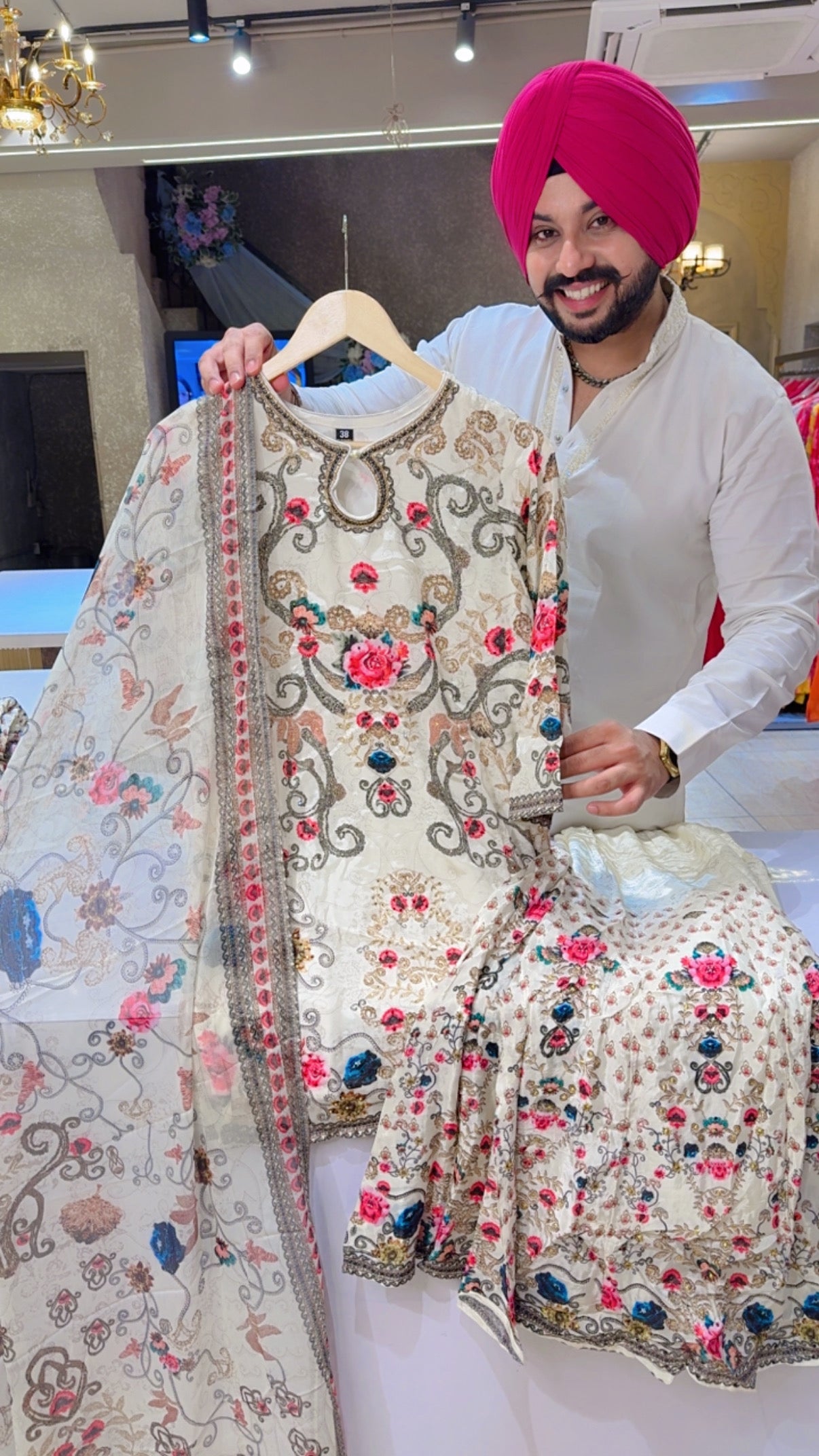 Cream & Multi Coloured Viscose Crepe Party wear Full Flair Garara Set with Chiffon Duppata