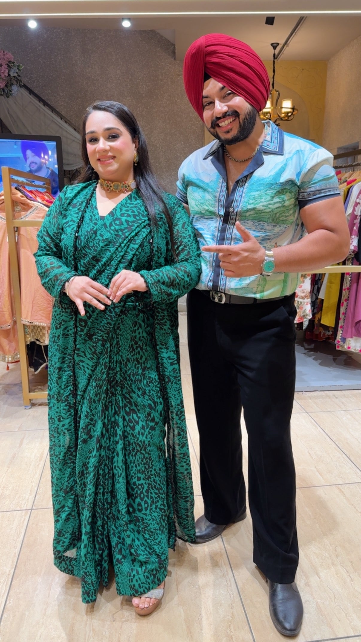 Green Leapord Print Georgette Drape Saree crop Set with Stylish hand embroidered Shrug